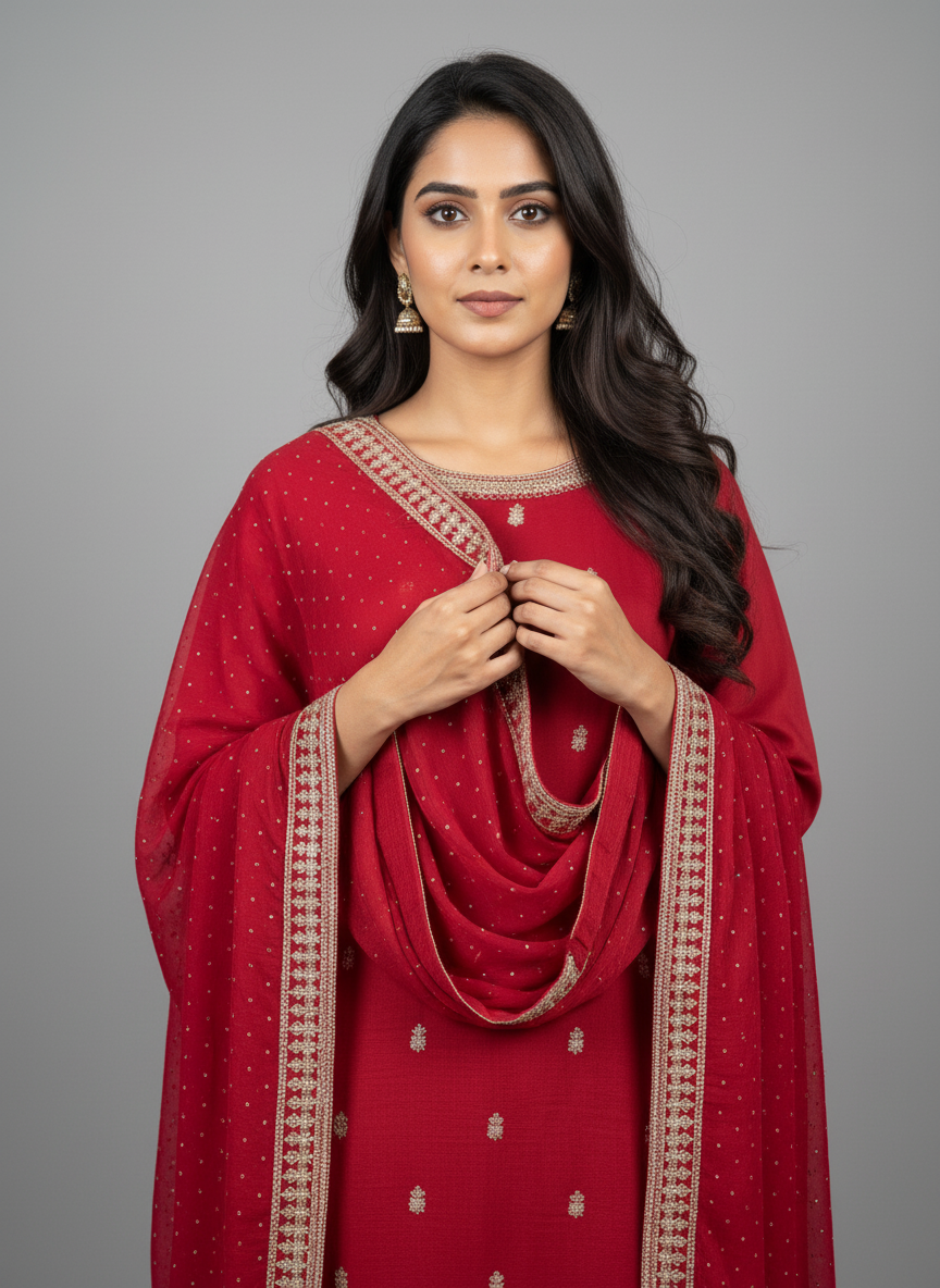 Red Viscose Kurta Set with Zari Embroidery & Sequin Work
