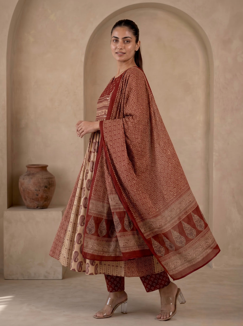 Beige & Maroon Ajrakh Print Premium Cotton Anarkali Kurta Set