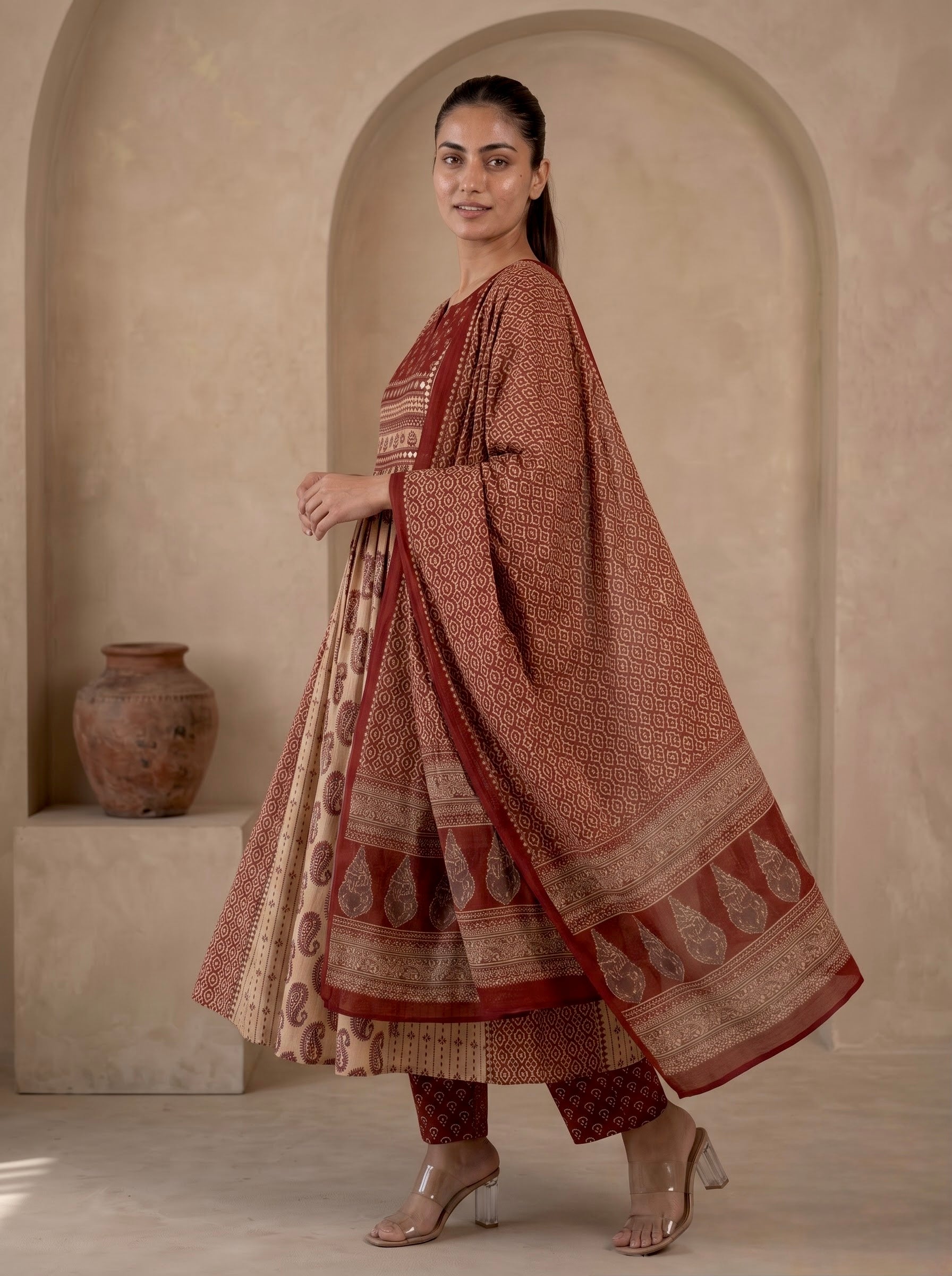 Beige & Maroon Ajrakh Print Premium Cotton Anarkali Kurta Set