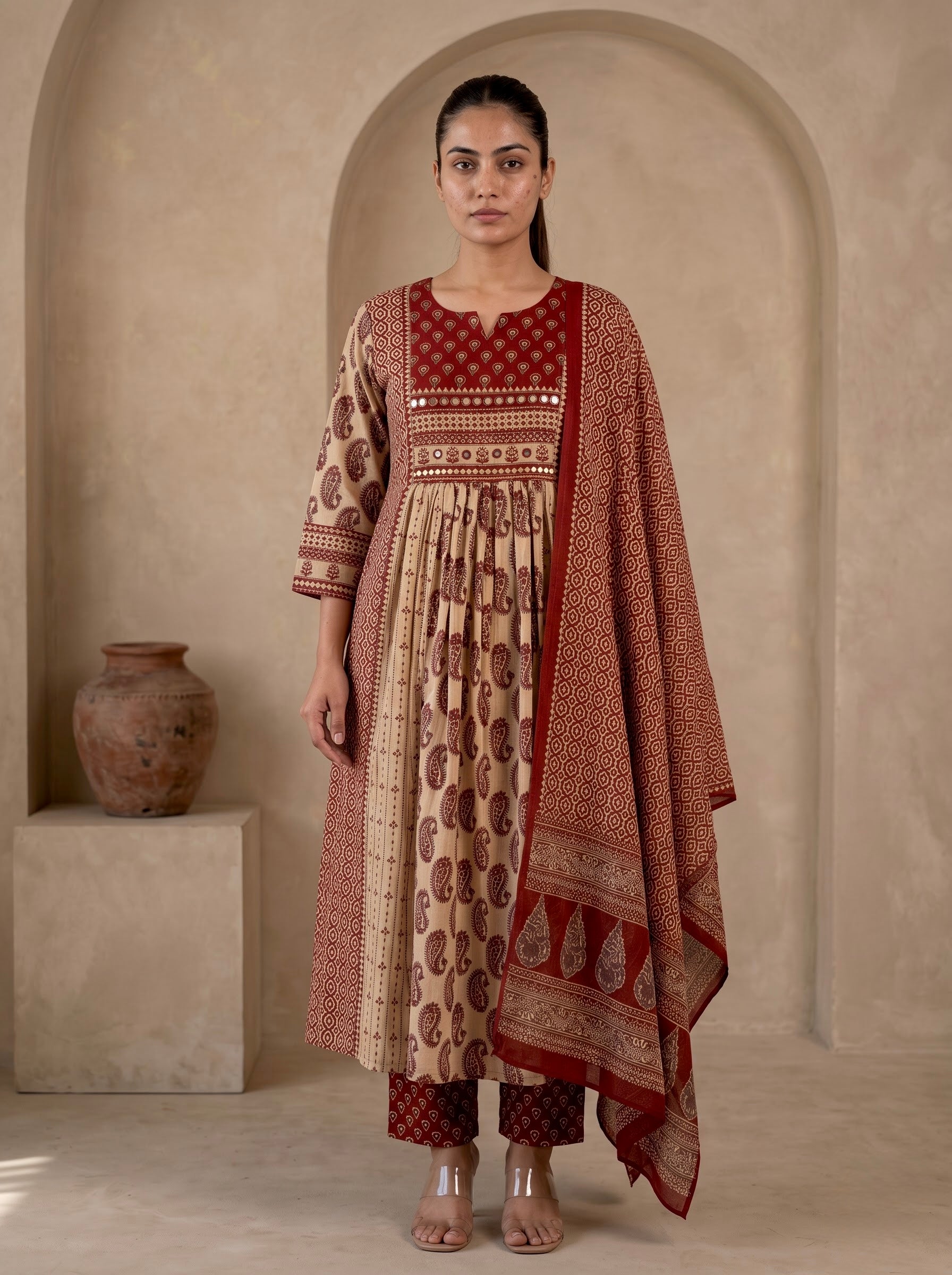 Beige & Maroon Ajrakh Print Premium Cotton Anarkali Kurta Set