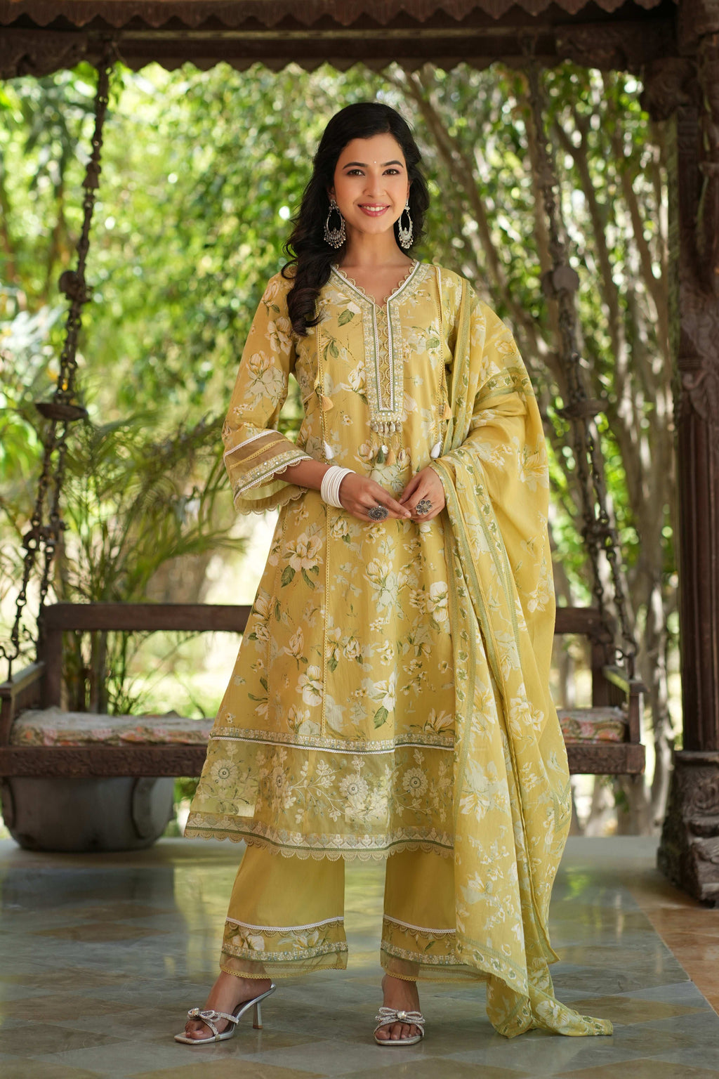 Yellow A-line Anarkali With Border