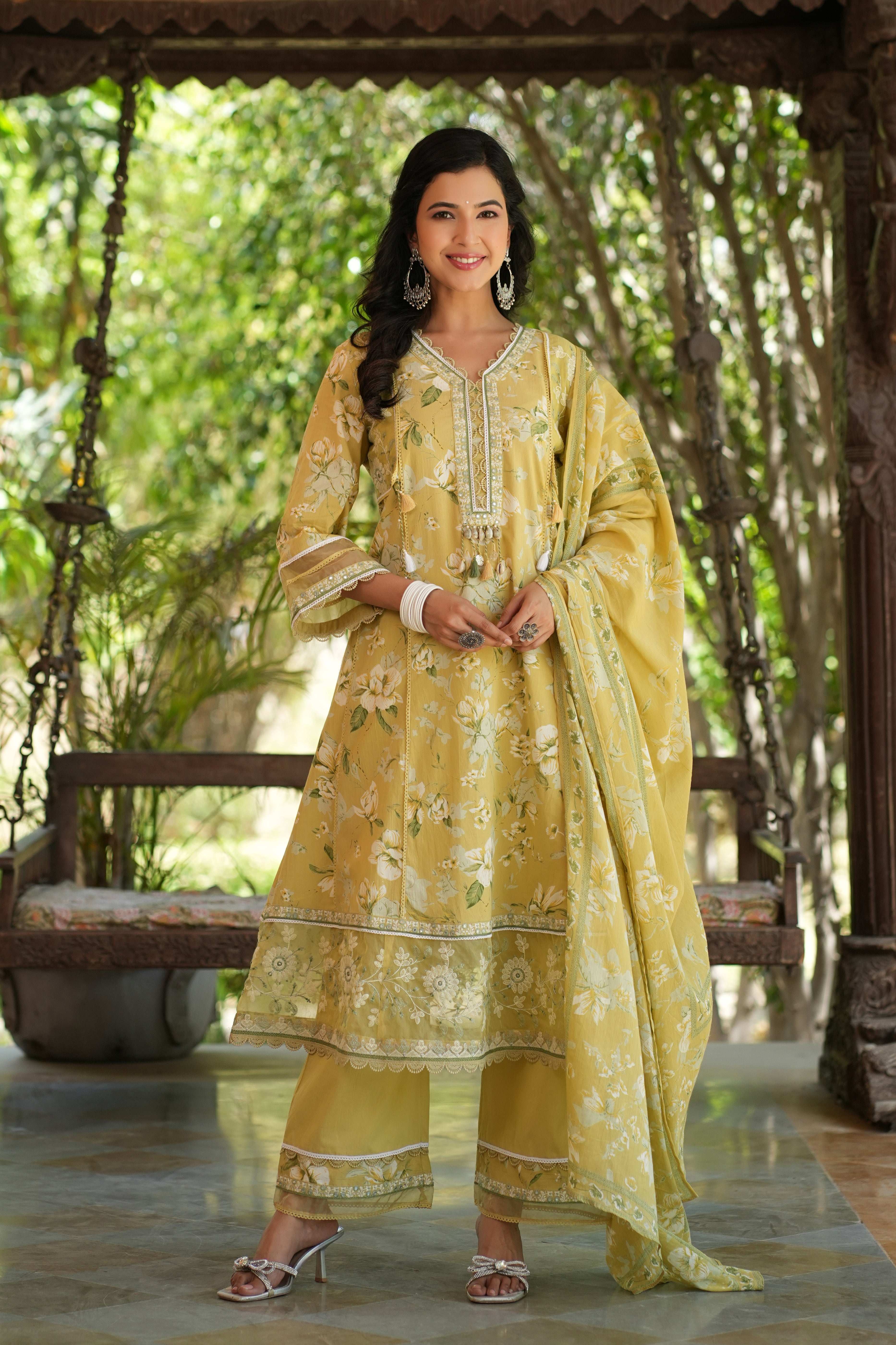 Yellow A-line Anarkali With Border