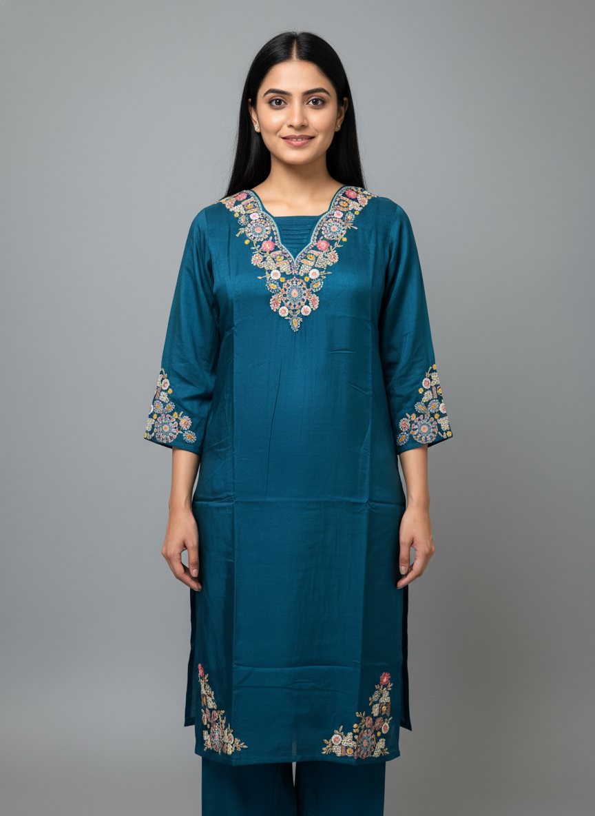 Midnight Teal Silk Embroidered Suit Set with Banarasi-Style Dupatta