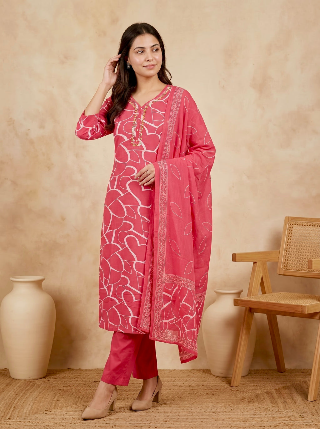 Rose Pink Heart Print Premium Cotton Kurta Set