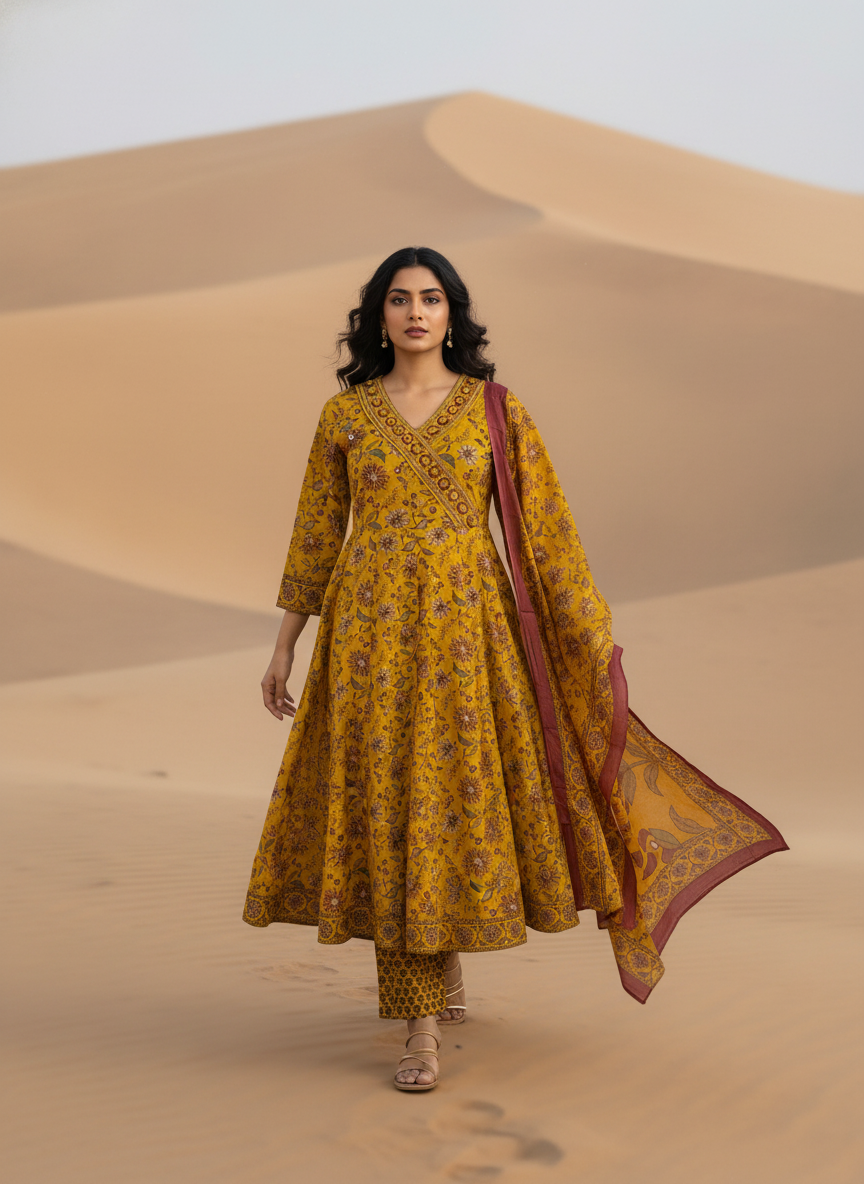 Mustard Yellow Floral Cotton Anarkali Set for Women – Printed Daily Wear Suit
