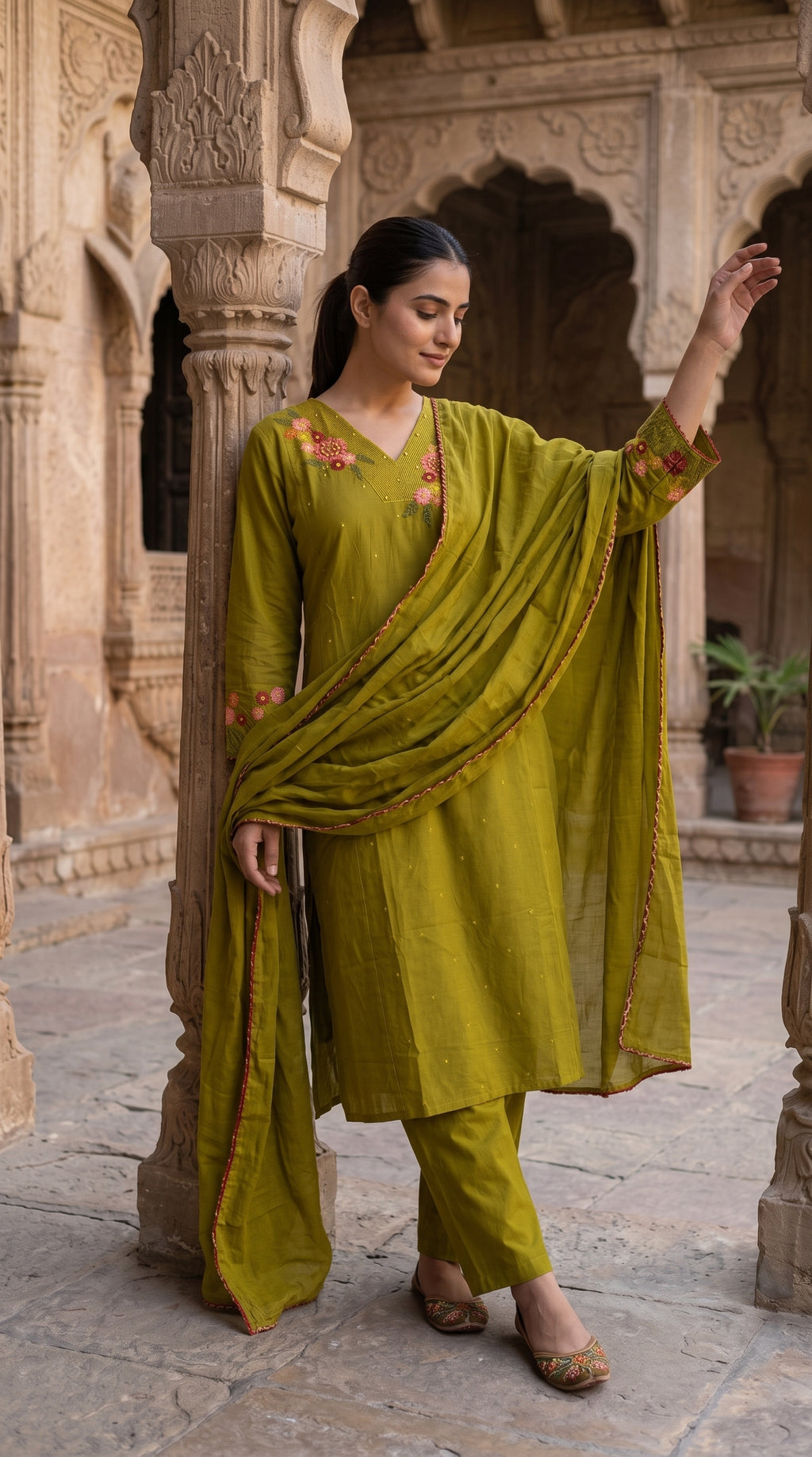 Olive Green Floral Embroidered Cotton Kurta Set – Straight Suit