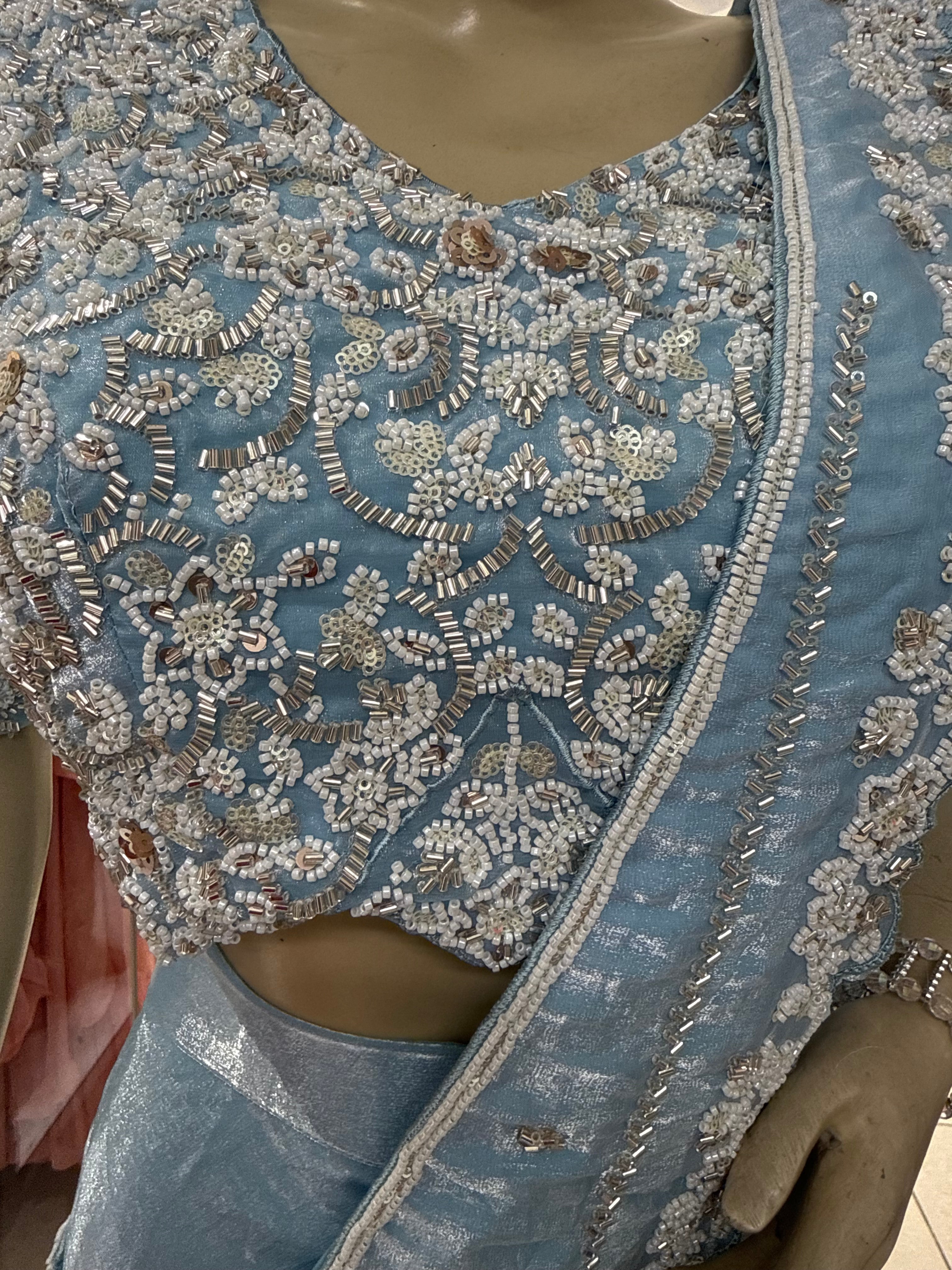 Icy Blue Sequined Blouse and Draped Skirt Indo-Western Set