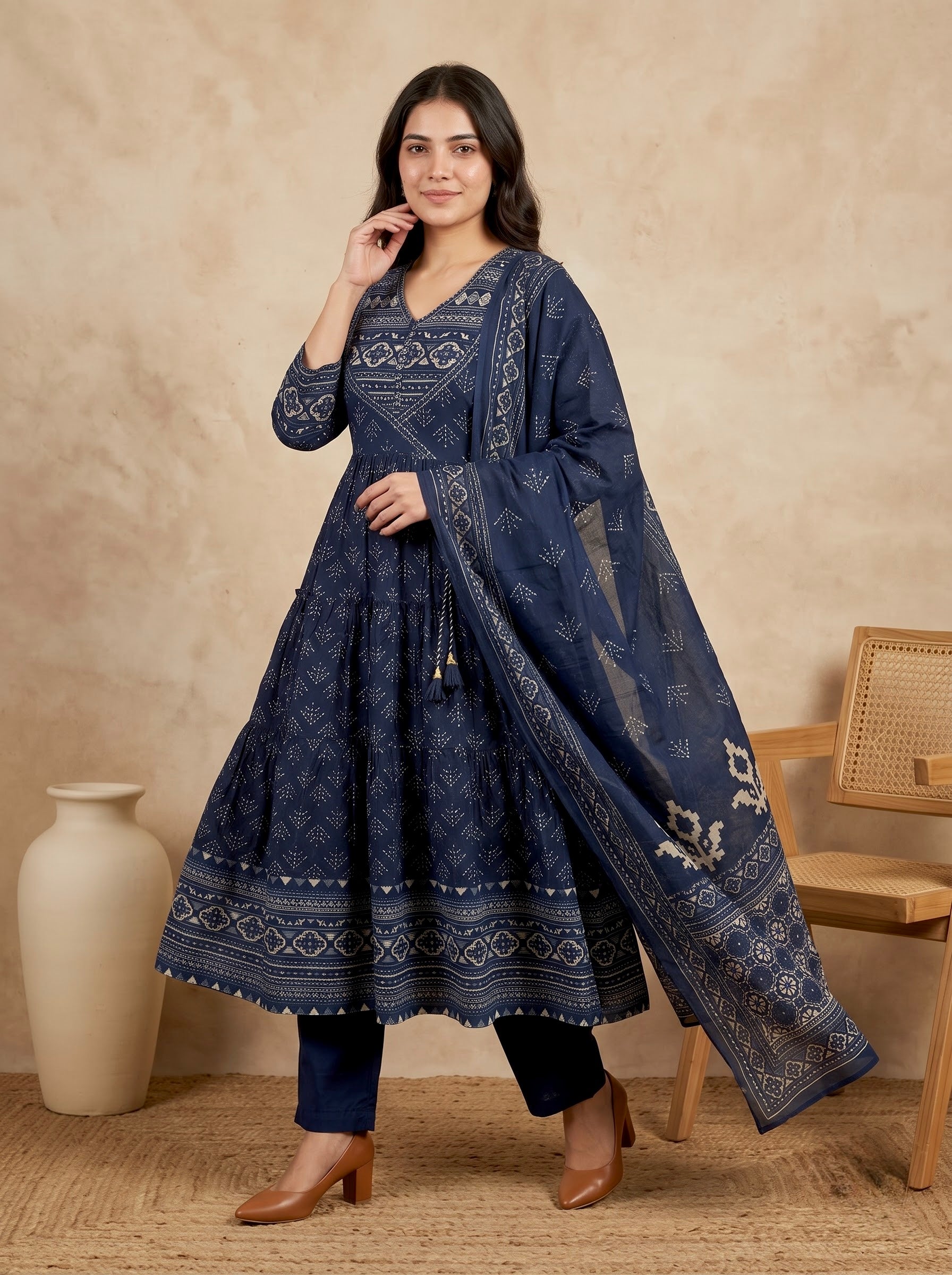 Navy Blue Bagru Print Premium Cotton Tiered Anarkali Kurta Set