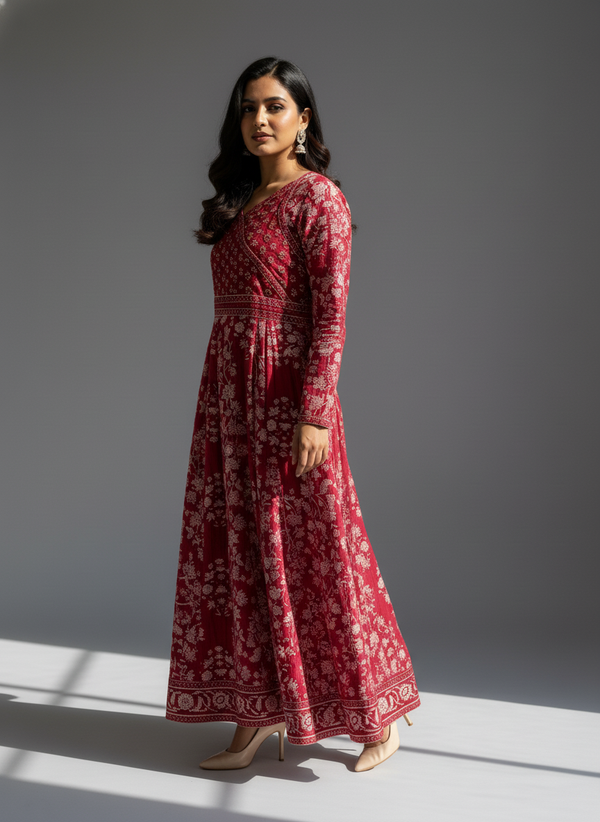 Maroon Floral Anarkali Cotton 3-Piece Suit Set