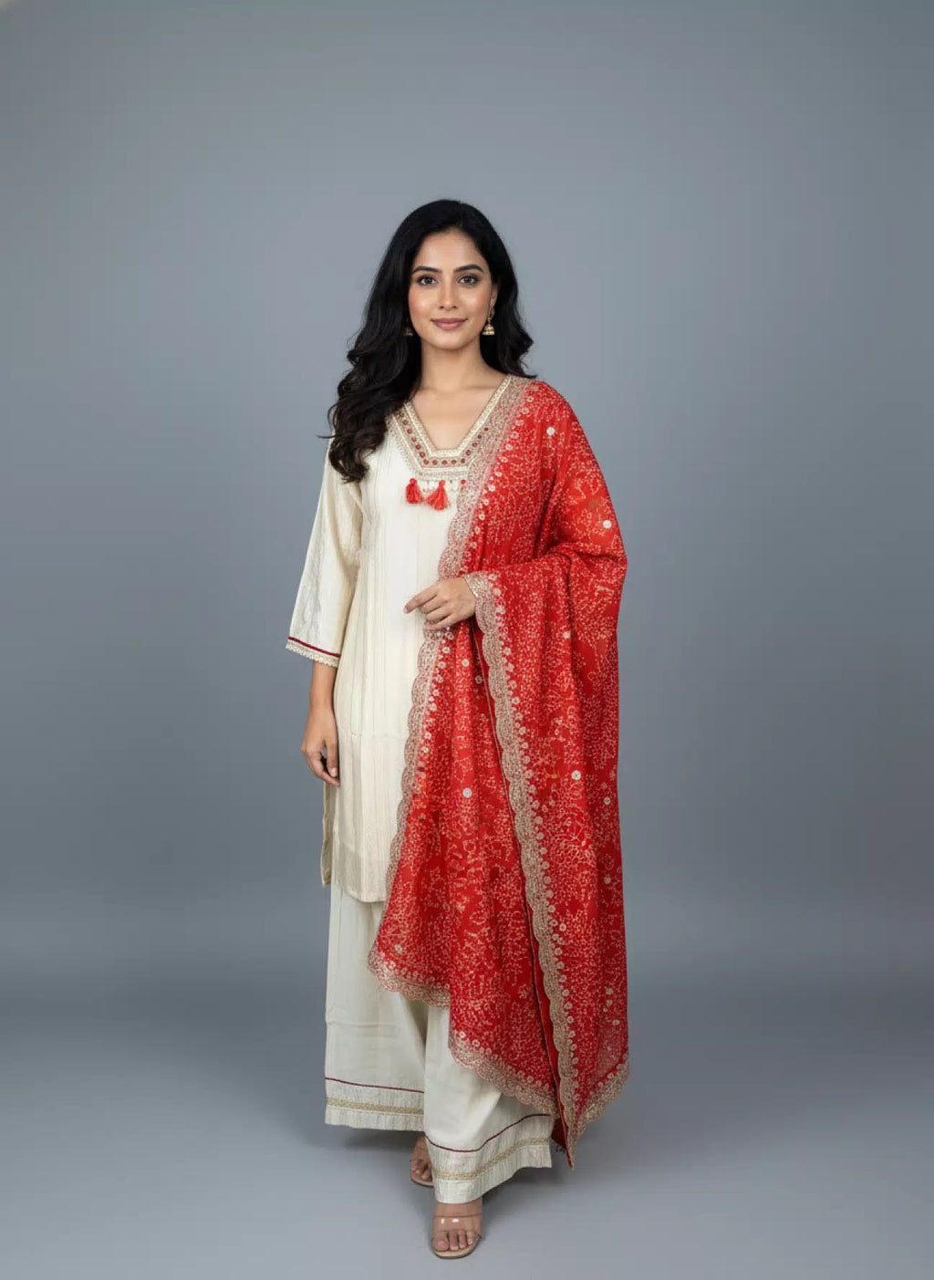 Cream Tissue Silk Salwar Suit Set with Red Bandhani Dupatta