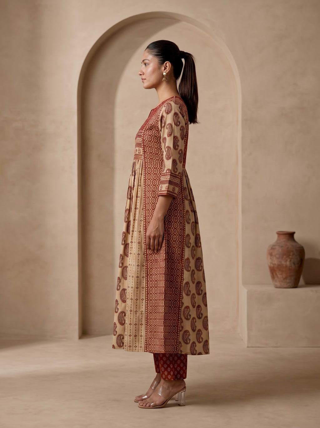 Beige & Maroon Ajrakh Print Premium Cotton Anarkali Kurta Set