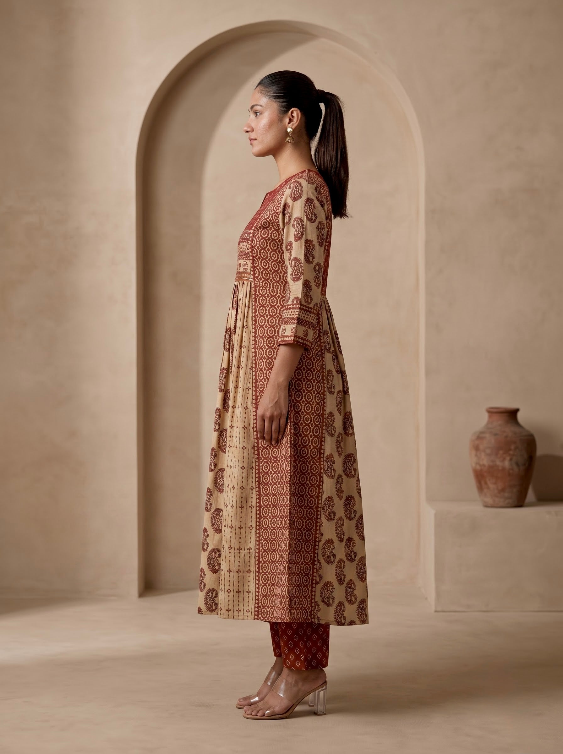 Beige & Maroon Ajrakh Print Premium Cotton Anarkali Kurta Set