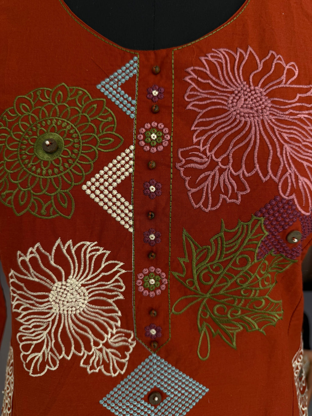 Rust Floral Embroidered Cotton Kurta Set – Mirror Work Straight Suit