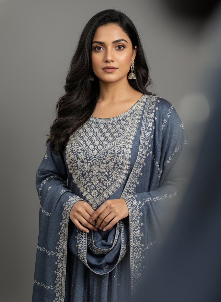 Aqua Grey Viscose Anarkali Salwar Suit with Sequin & Thread Work