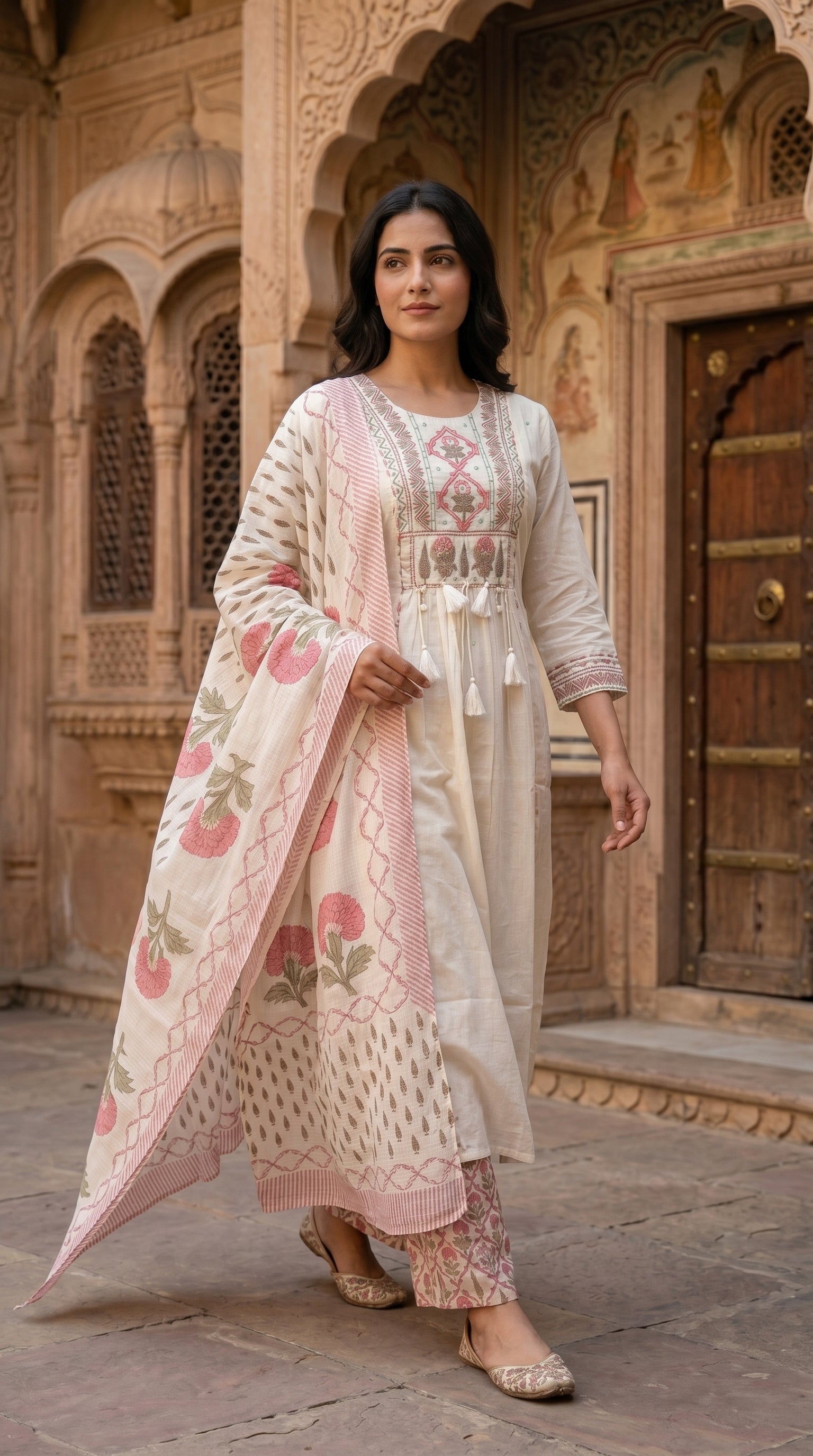 Ivory & Pink Floral Embroidered With  Block Print Cotton Kurta Set for Women – A-Line Daily & Office Wear Suit