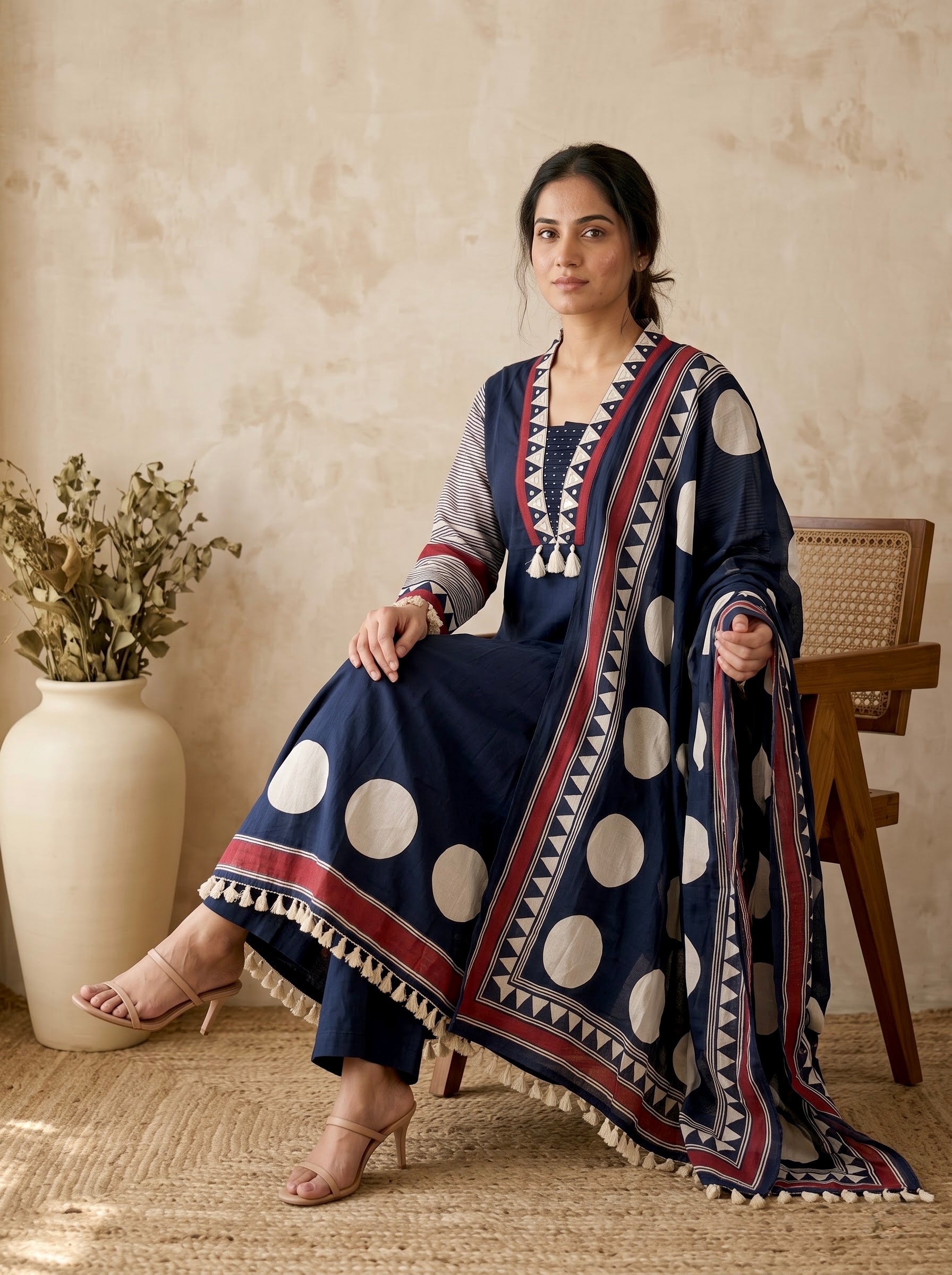 Navy Blue Polka Dot A-Line Premium Cotton Kurta Set