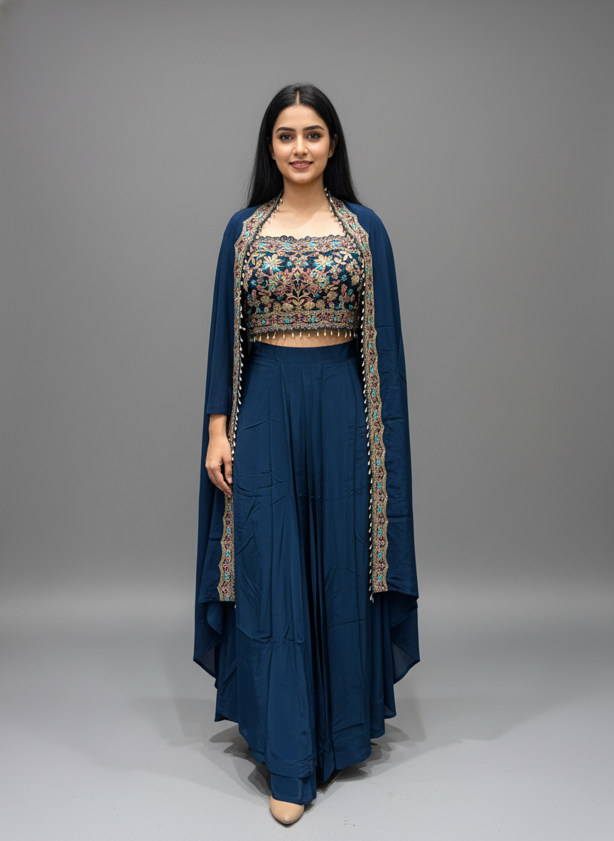 Blue Crepe Skirt Set | Cape Style Festive Outfit