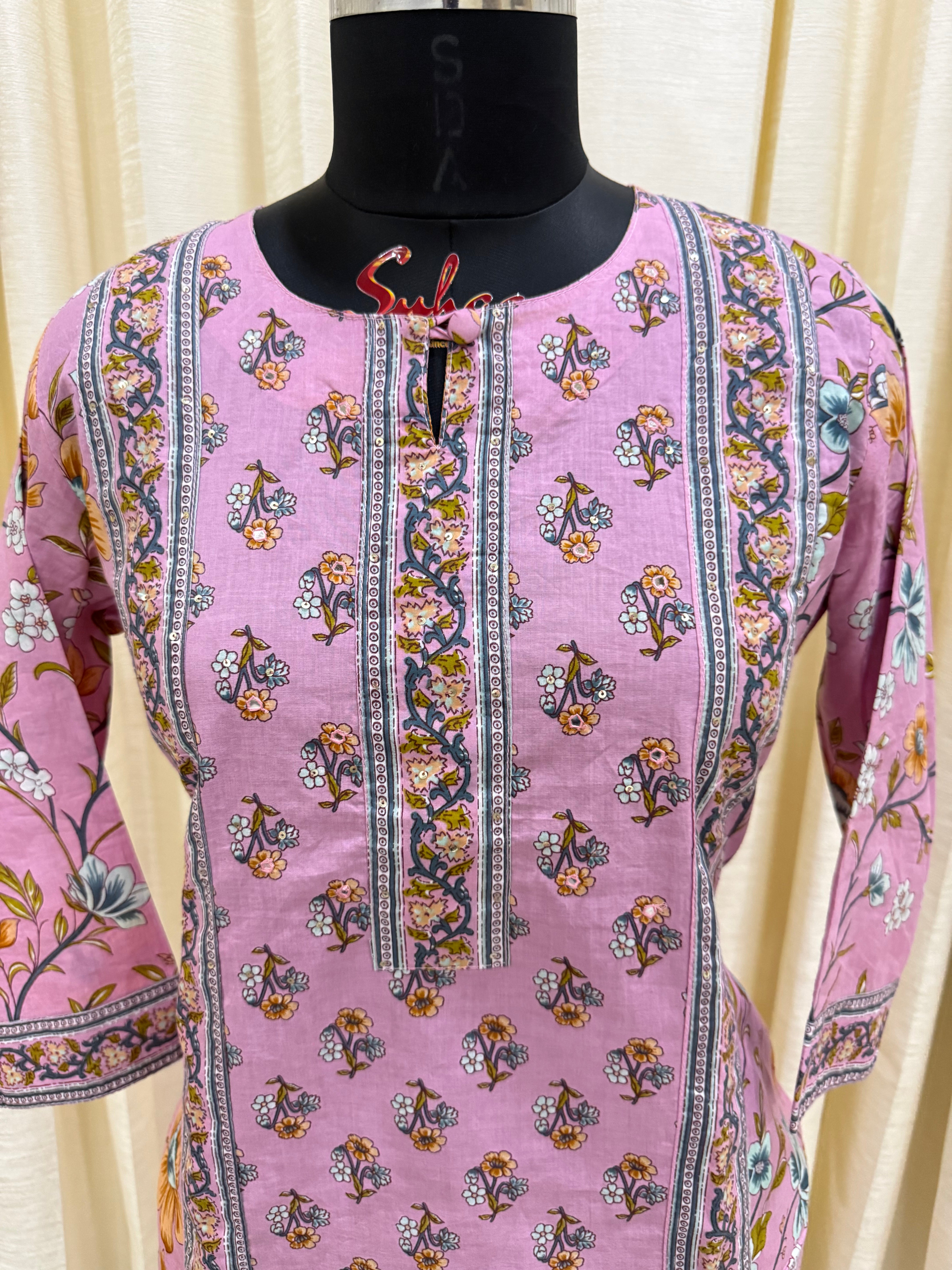 Blush Pink Floral A-Line Cotton 3-Piece Suit Set