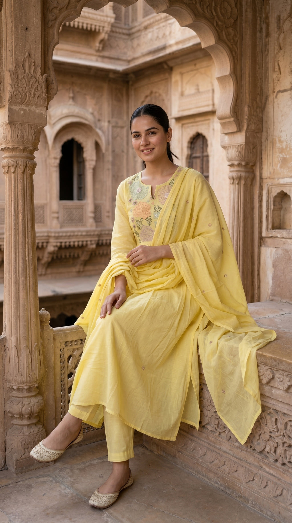 Lemon Yellow Floral Embroidered Mal Cotton A-Line Suit Set