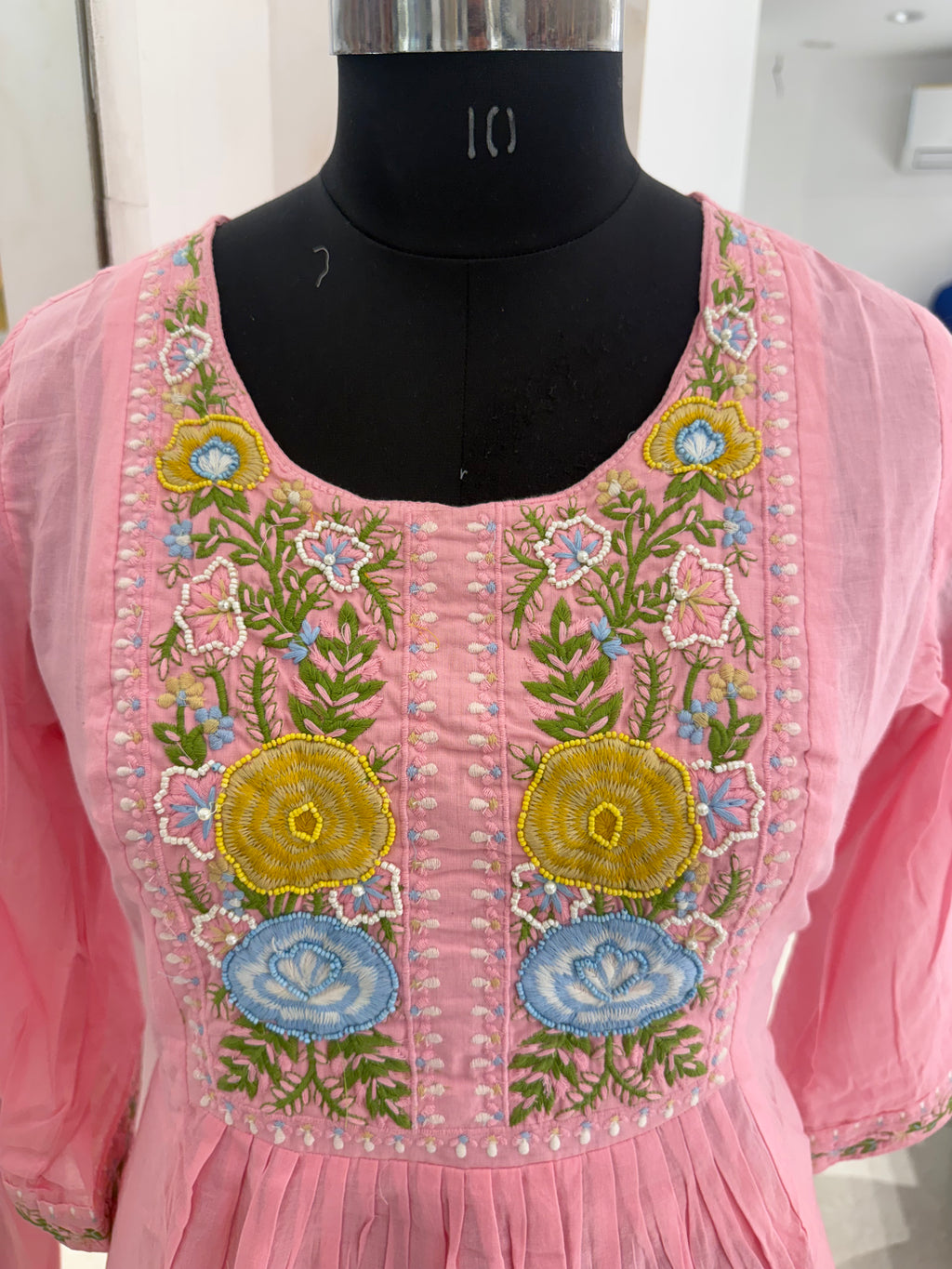 Blush Pink Floral Embroidered Mal Cotton A-Line Suit Set