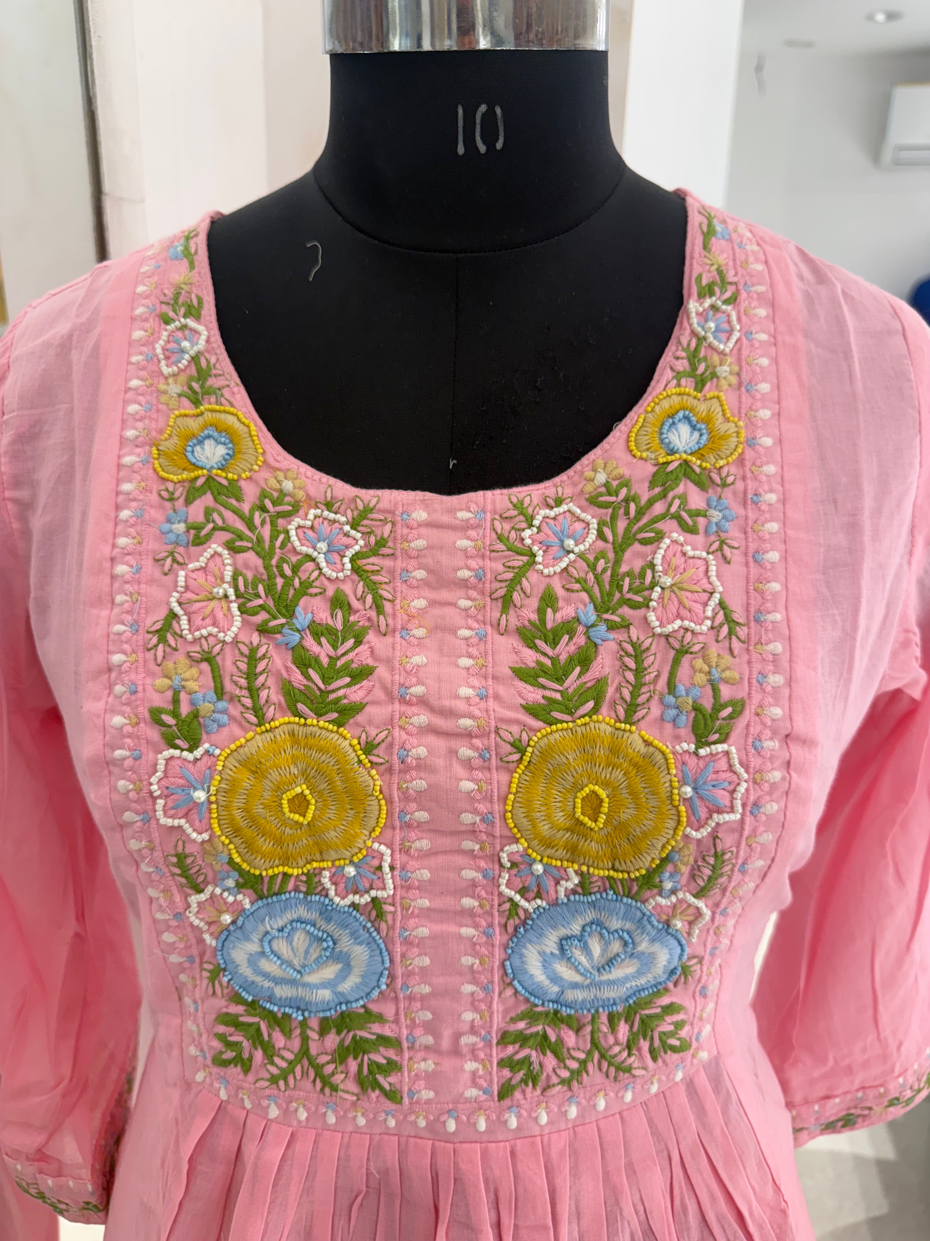 Blush Pink Floral Embroidered Mal Cotton A-Line Suit Set
