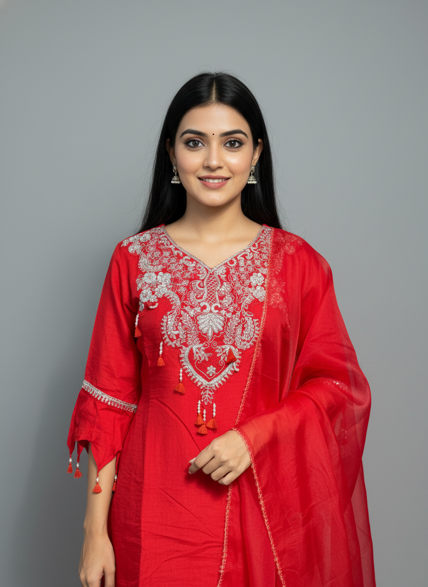 Ruby Red Embroidered Kurta & Pant Set with Organza Dupatta