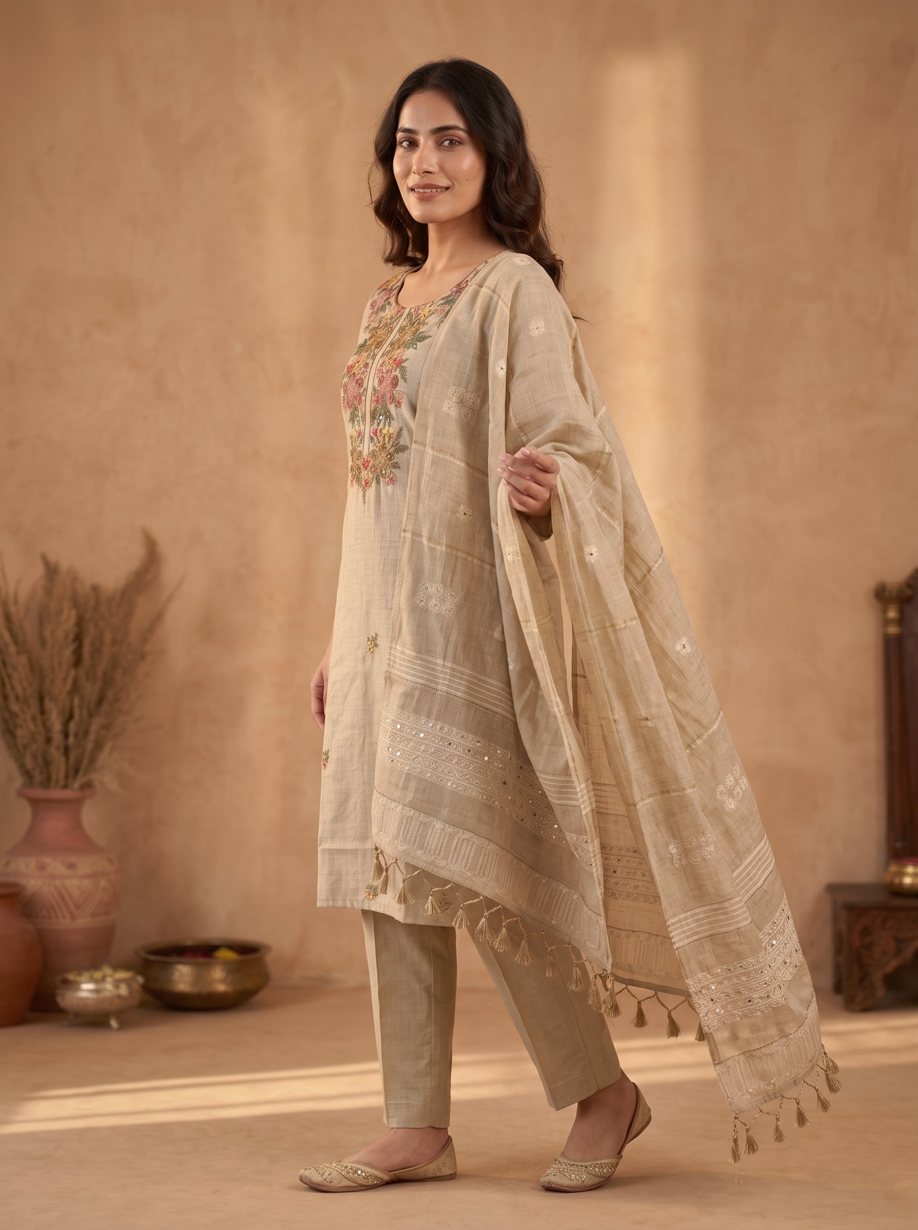 Beige Floral Embroidered Pure Linen Kurta Set with Dupatta