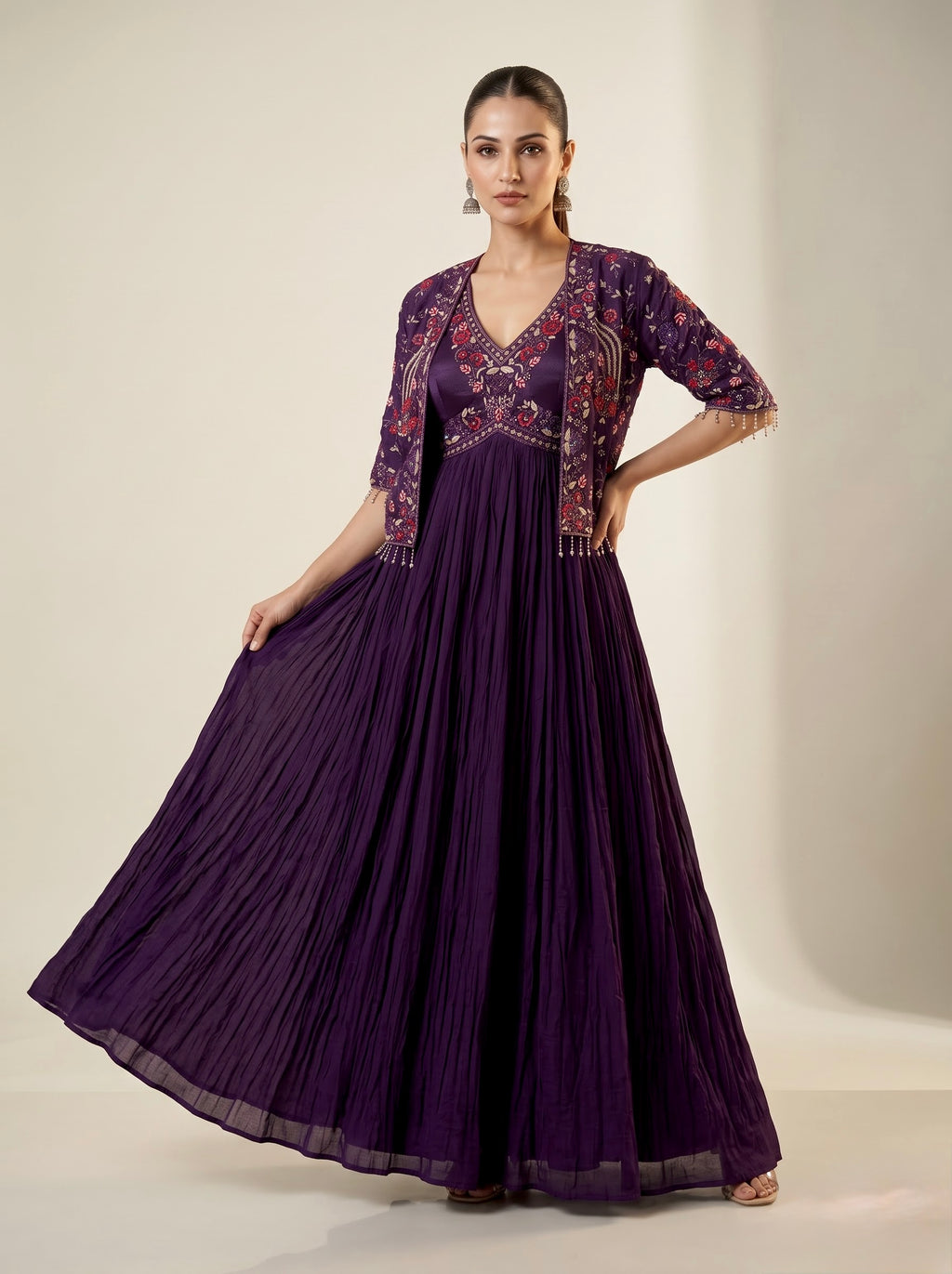 Purple Pure Georgette Anarkali Gown with Embroidered Jacket & Pearl Tassels