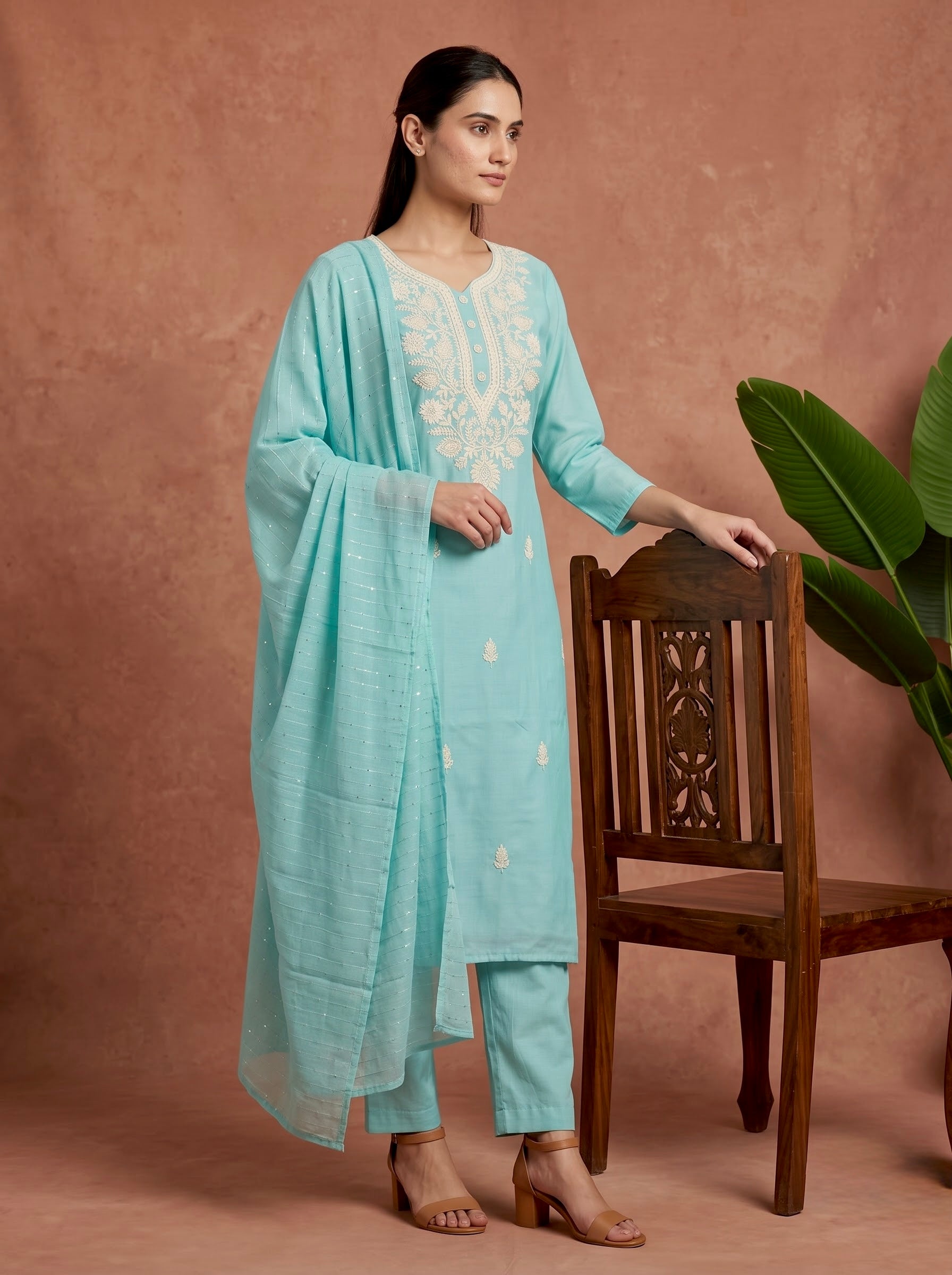 Sky Blue Chikankari Embroidered Slub Cotton Kurta Set
