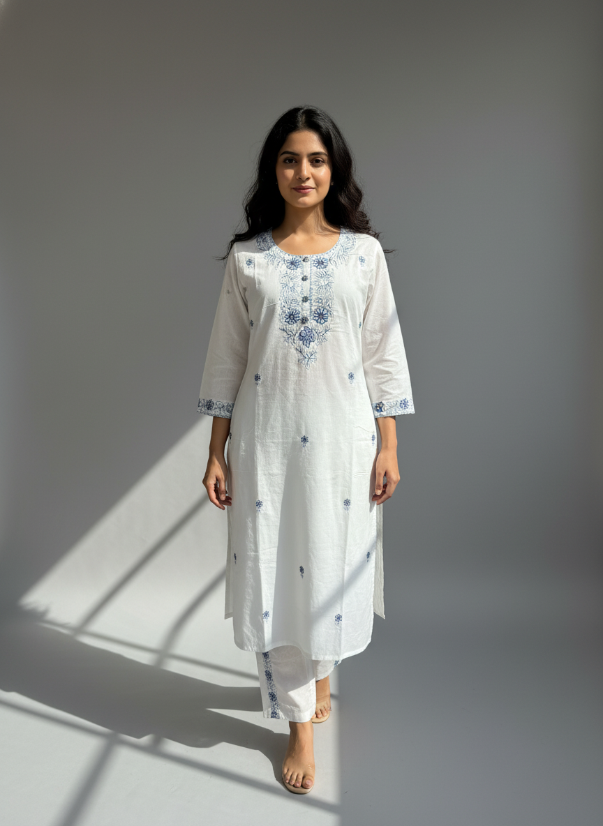 Pristine White Cotton Chikankari Embroidery Kurta Set