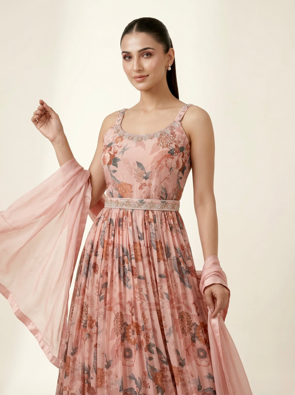 Dusty Pink Floral Print Chinon Crepe Anarkali Gown with Embellished Belt & Dupatta