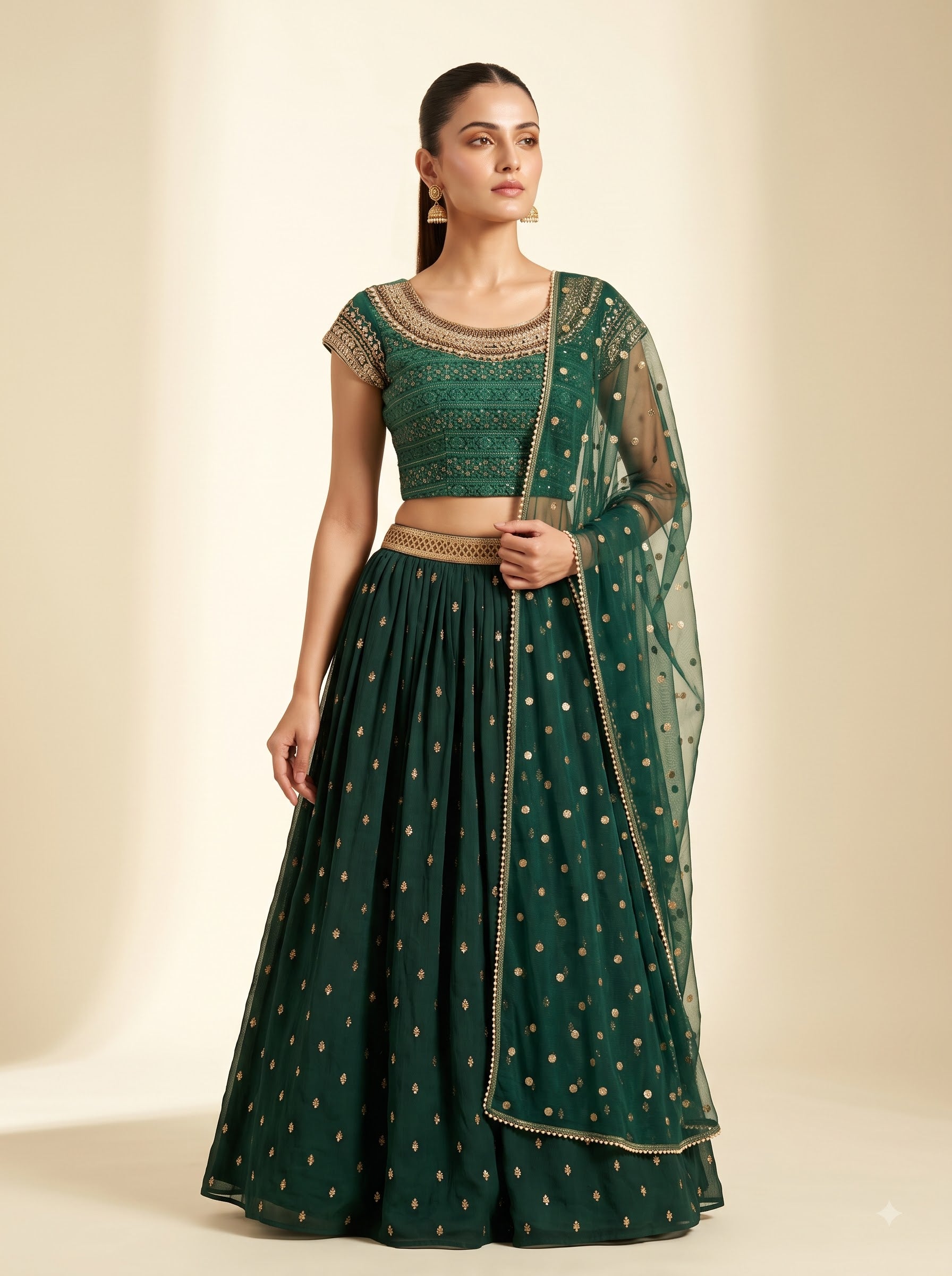 Bottle Green Georgette Lehenga Set with Sequin Embroidered Blouse & Net Dupatta