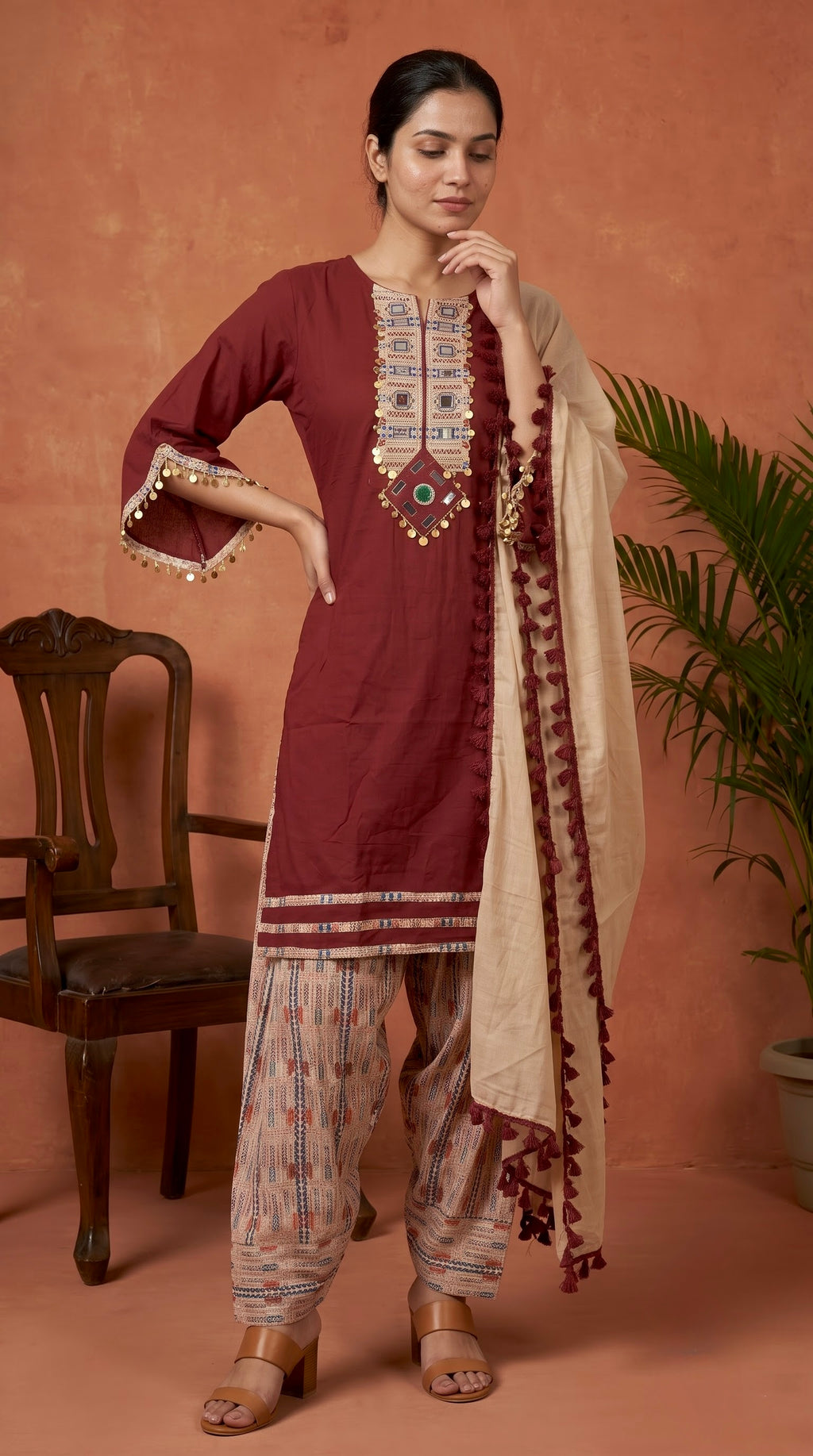 Maroon Mirror Work Premium Cotton Kurta Set with Printed Salwar