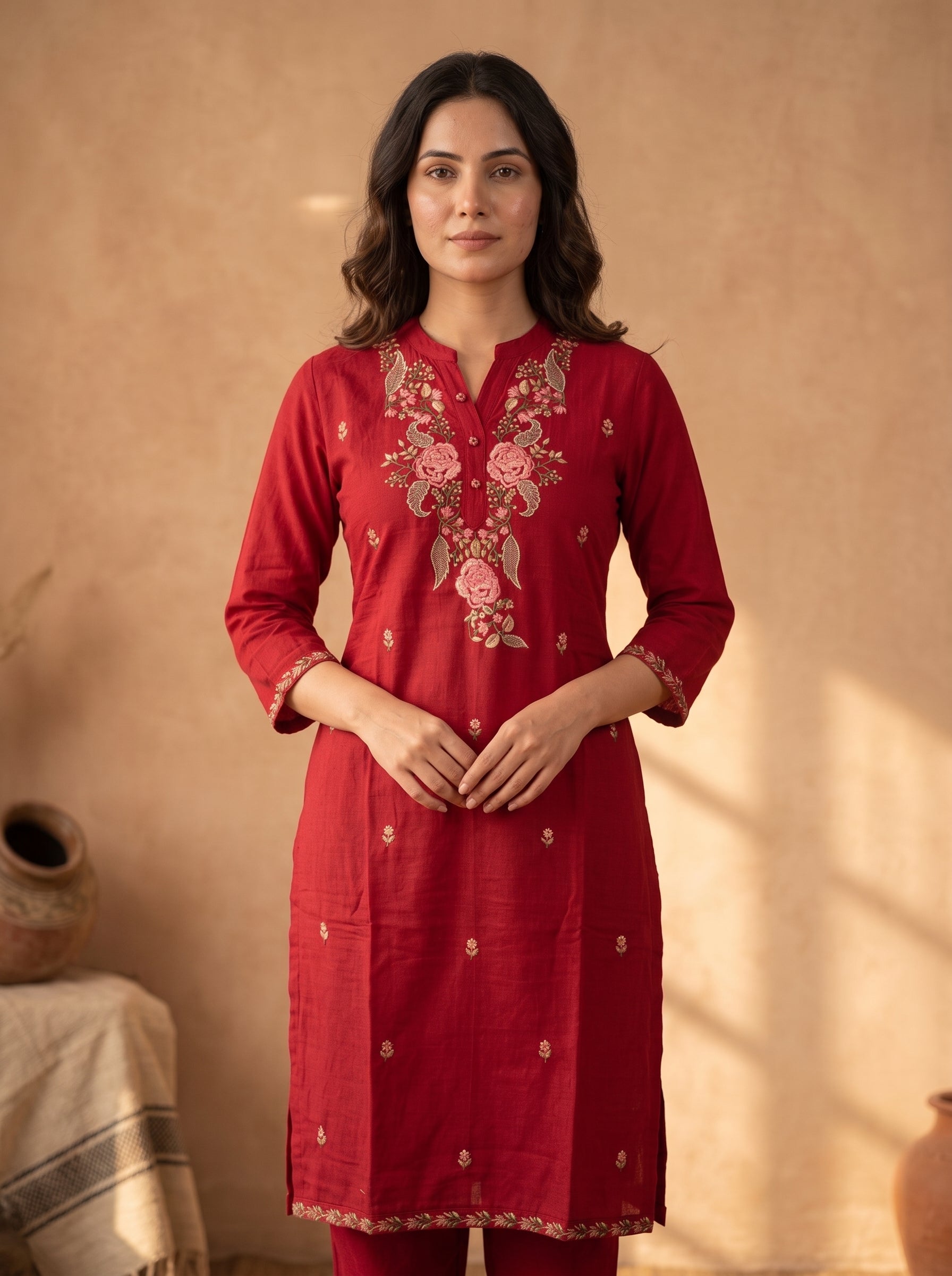 Red Floral Embroidered Linen Cotton Kurta Pant Set