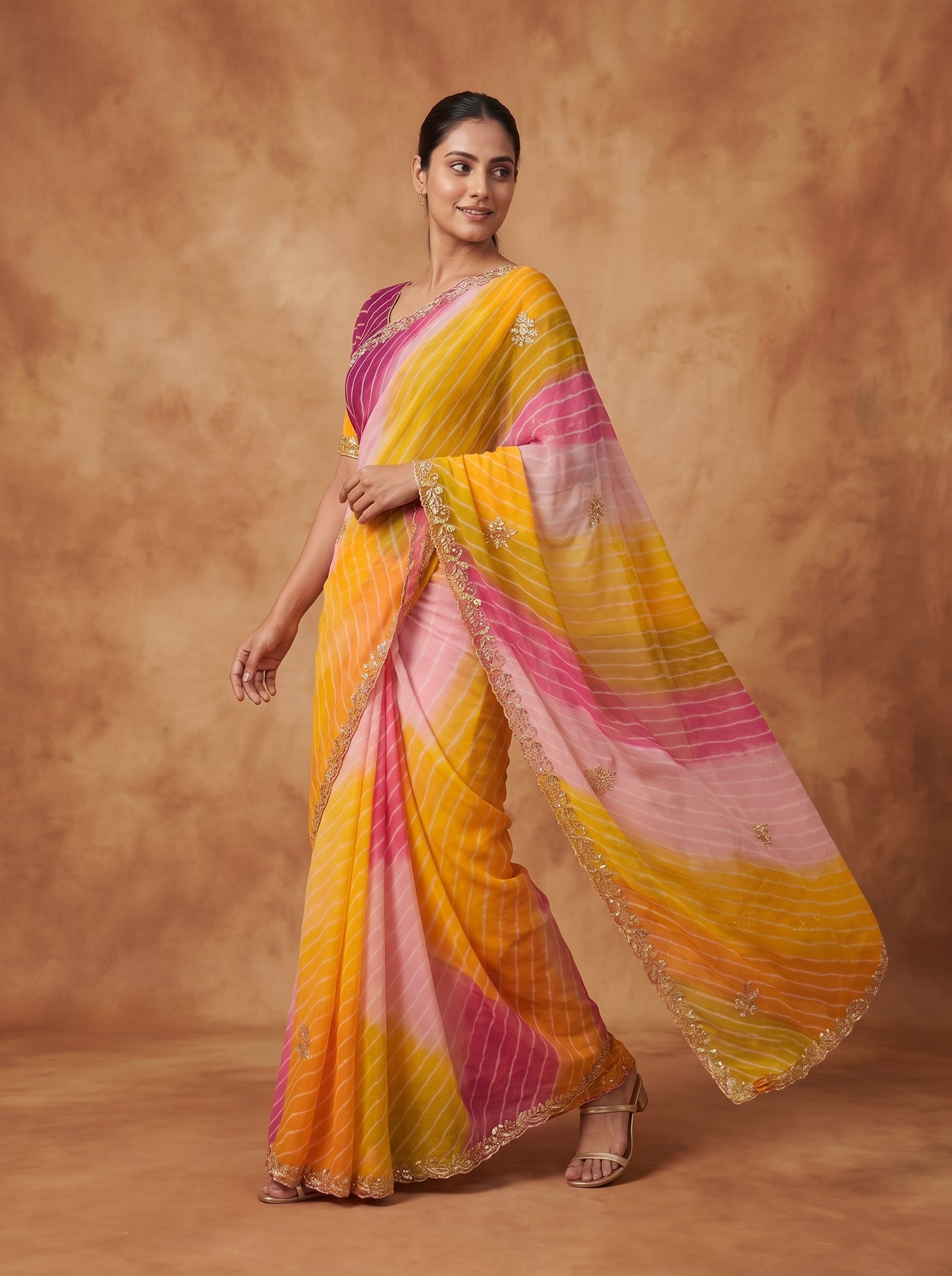 Pink Yellow & Magenta Leheriya Georgette Saree with Kat Dana Work & Blouse Piece