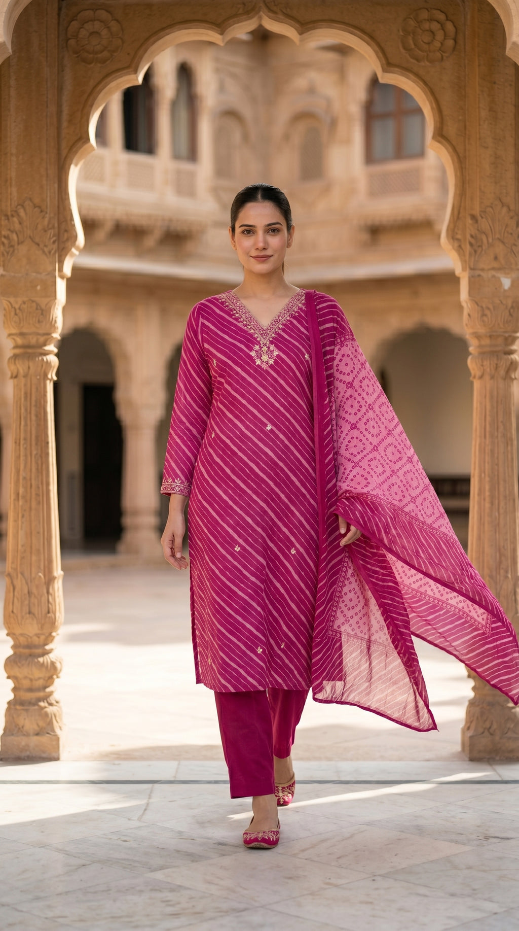 Rani Pink Leheriya Print Cotton Kurta Set for Women – Straight Suit with Bandhani Dupatta