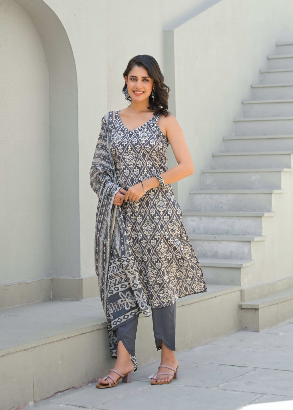 Cut Sleeves Grey Cotton Suit