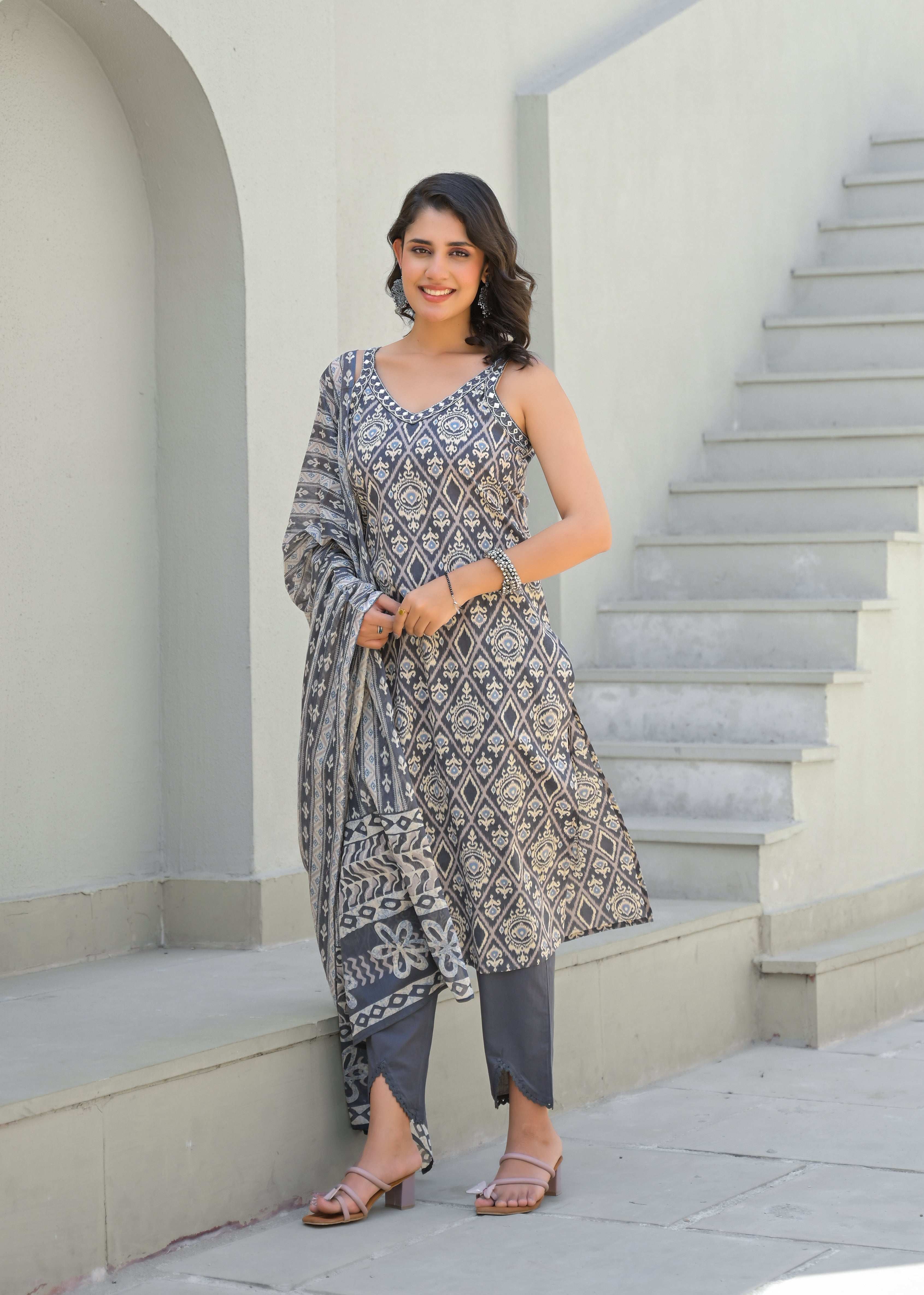 Cut Sleeves Grey Cotton Suit