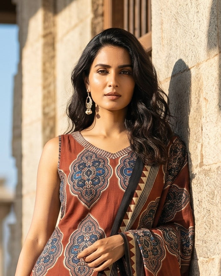Woman in a patterned dress standing in an outdoor setting with stone architecture.