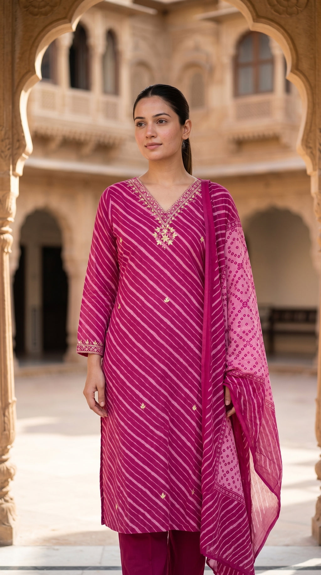 Rani Pink Leheriya Print Cotton Kurta Set for Women – Straight Suit with Bandhani Dupatta