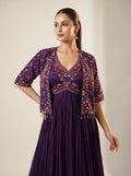 Purple Pure Georgette Anarkali Gown with Embroidered Jacket & Pearl Tassels