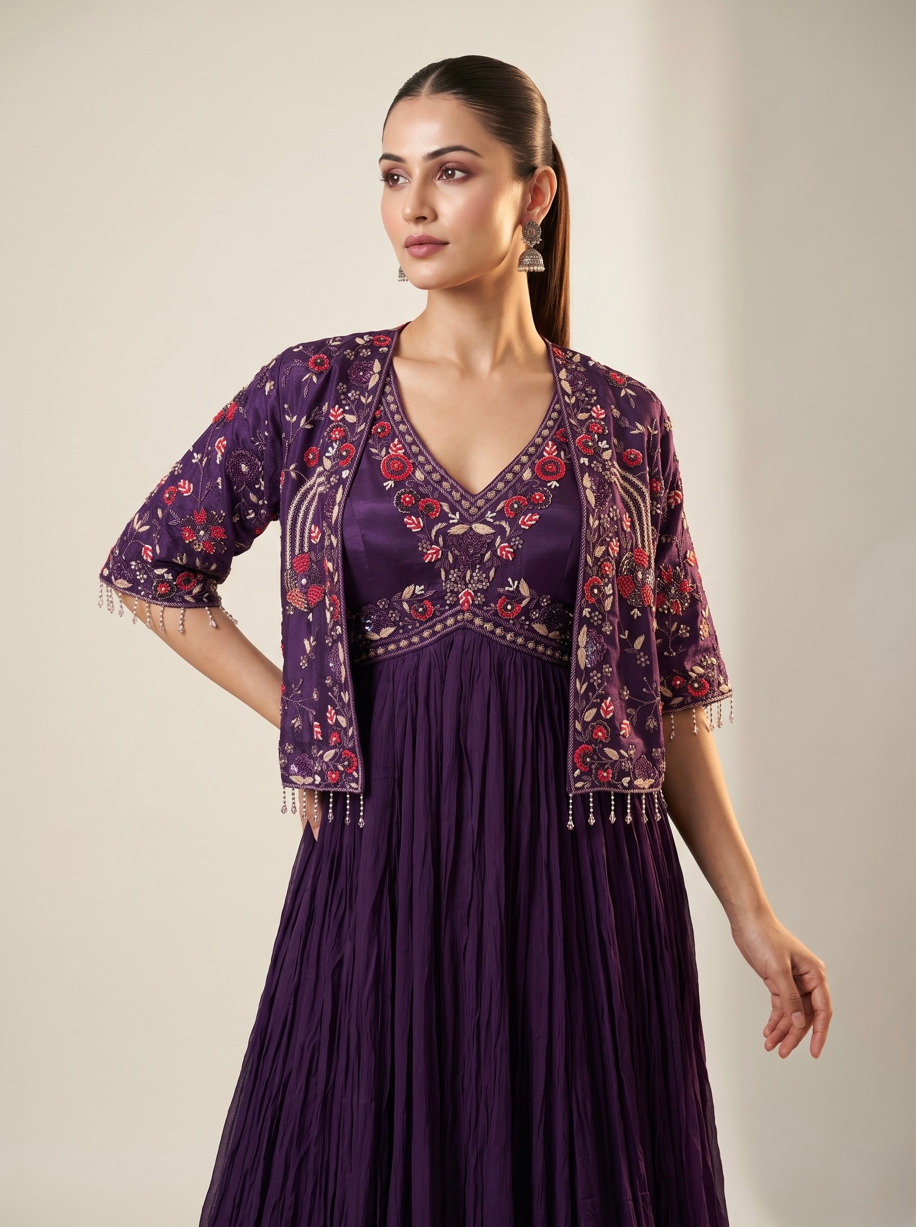 Purple Pure Georgette Anarkali Gown with Embroidered Jacket & Pearl Tassels