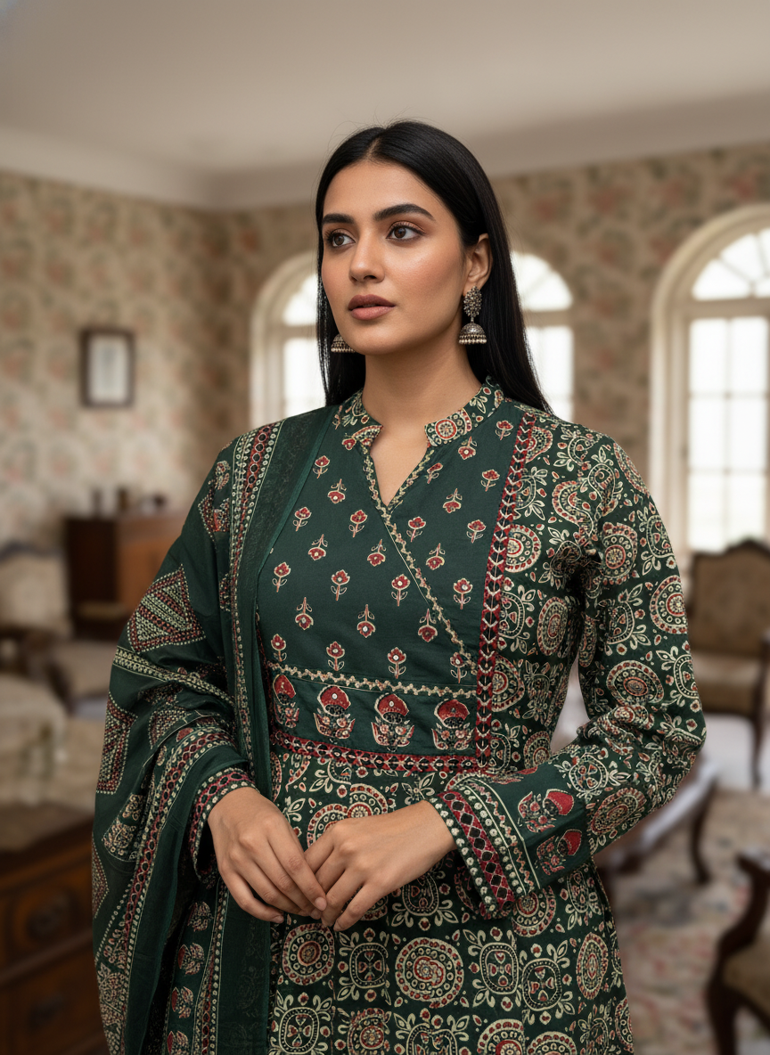 Emerald Green Ajrakh Cotton Anarkali Set for Women – Block Print Ethnic Kurta