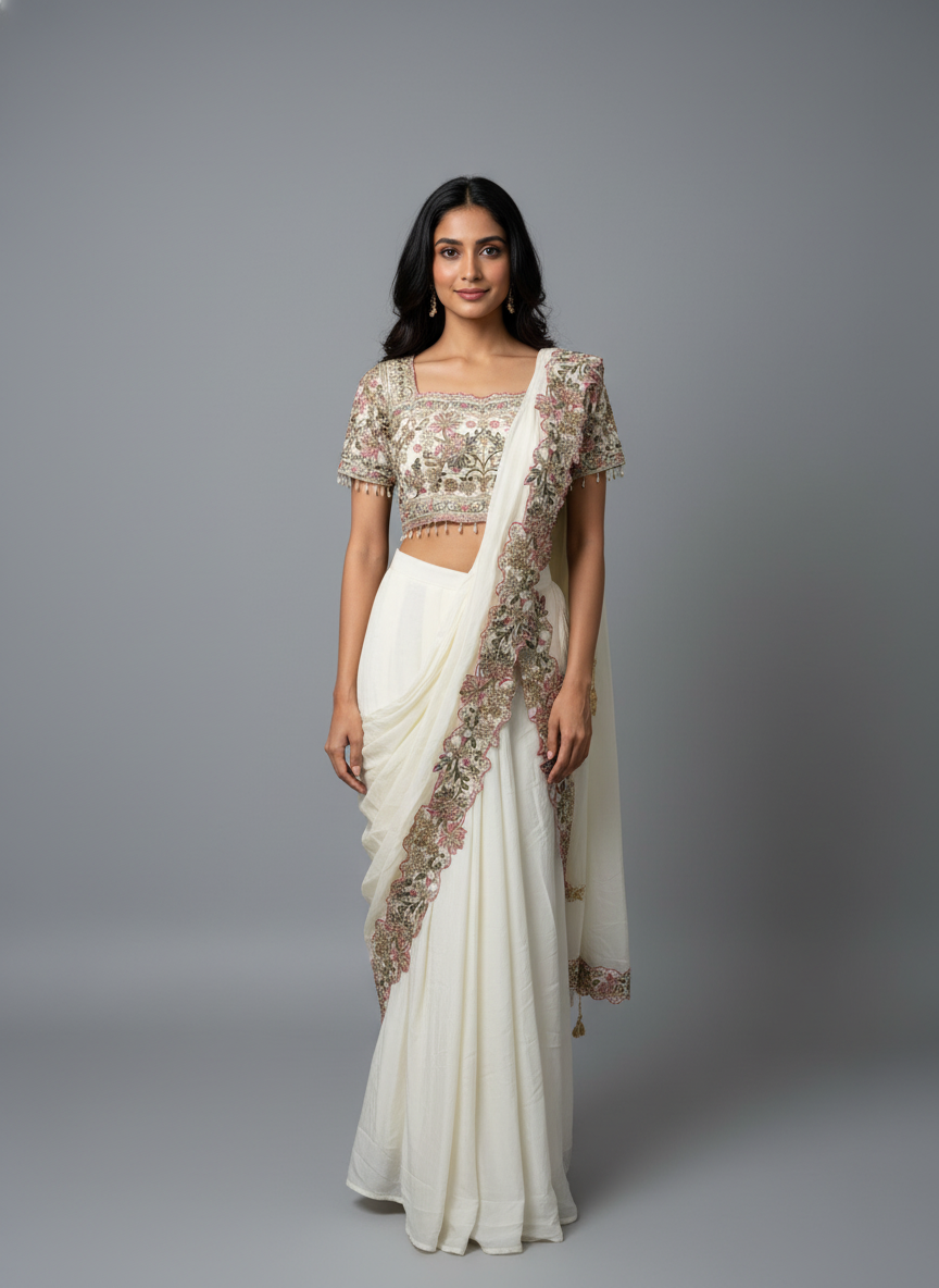Premium Cream Silk Saree with Heavy Embroidered Short-Sleeve Blouse
