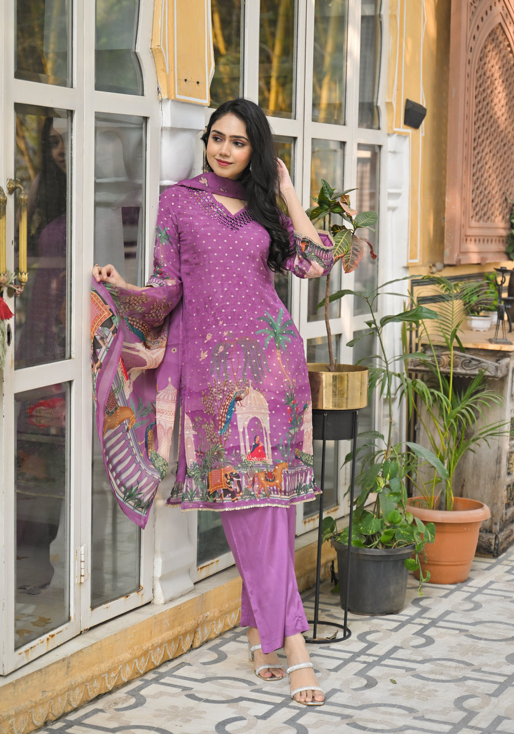 Purple Orgenza Suit Set With Elegant Neck Work And Print