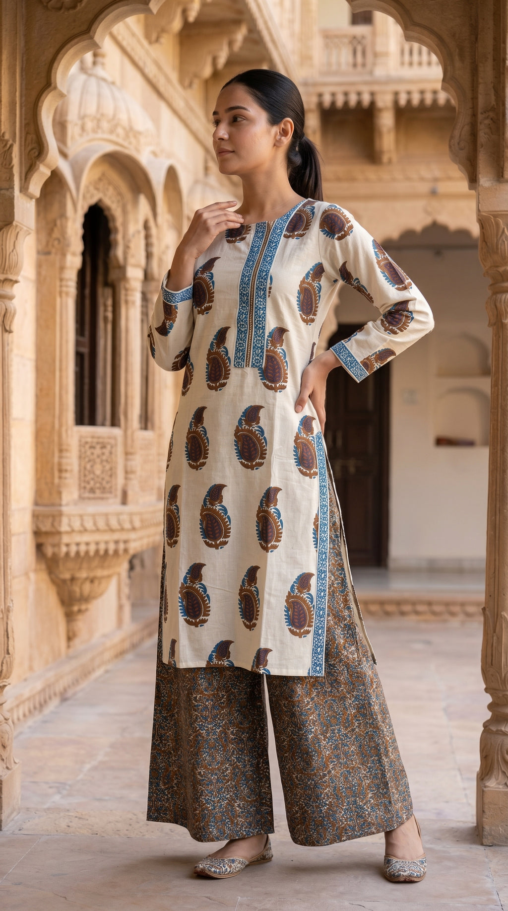 Off-White Blue Paisley Block Print Cotton Kurta Set – Palazzo Suit
