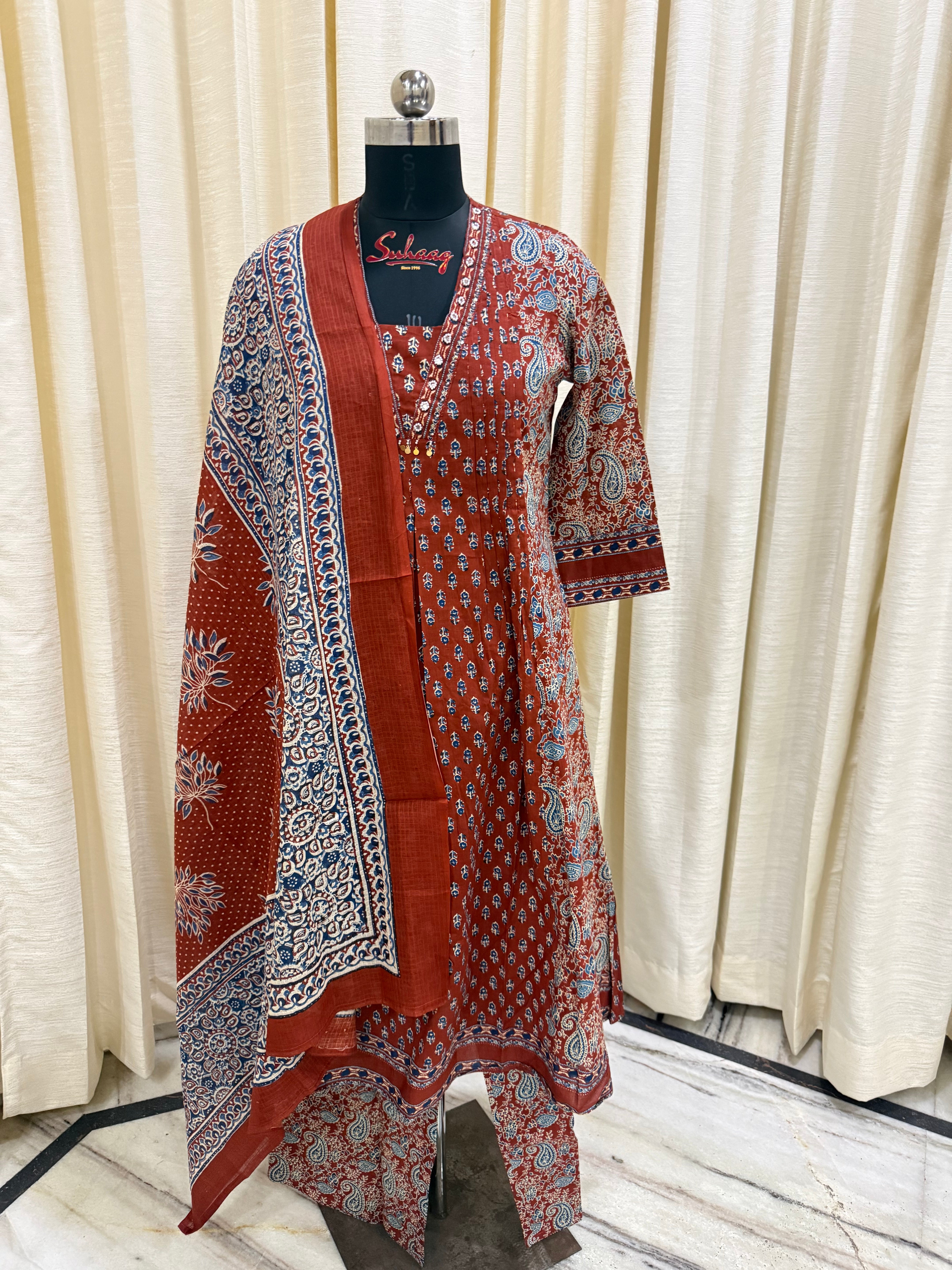 Rust Red & Indigo Ajrakh Print Cotton 3-Piece Suit Set