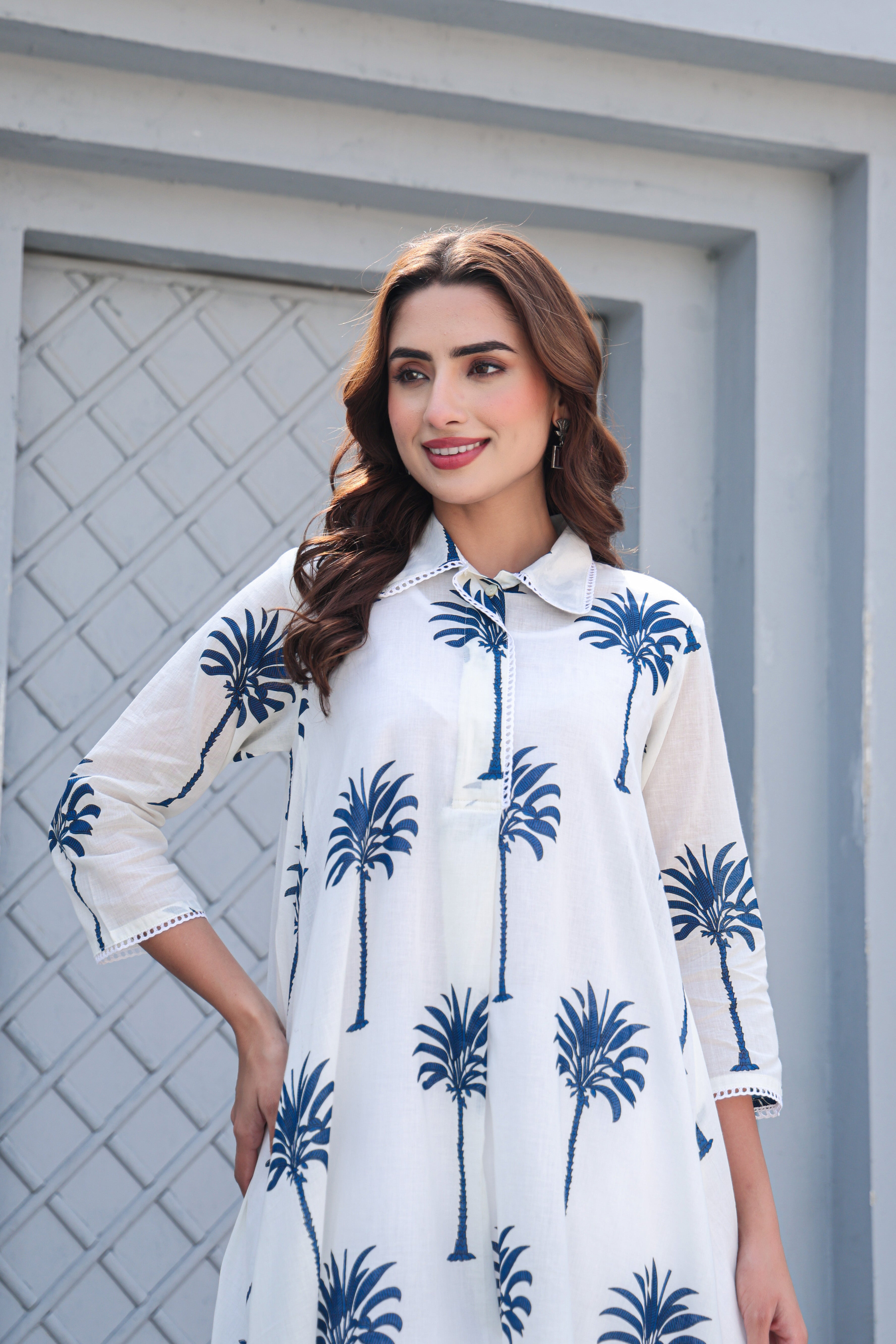 Palm Whisper – Modern White & Indigo Premium Cotton Co-ord Set