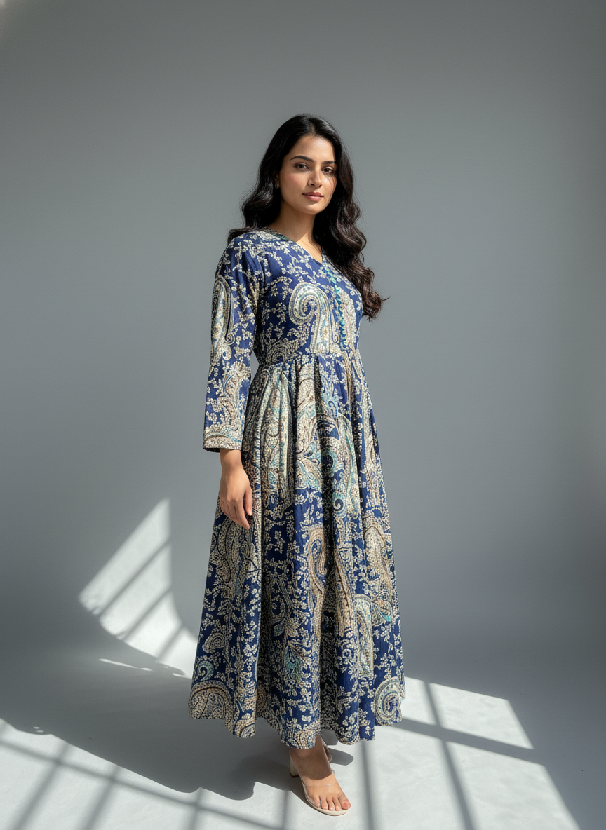 Navy Blue Paisley Cotton Anarkali Suit Set for Women – Printed Daily Wear Kurta