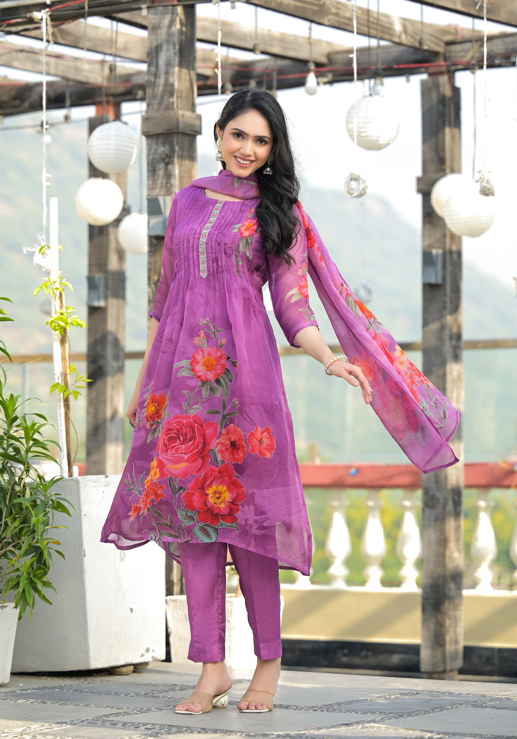 Purple Orgenza Suit Set With Elegant Neck Work